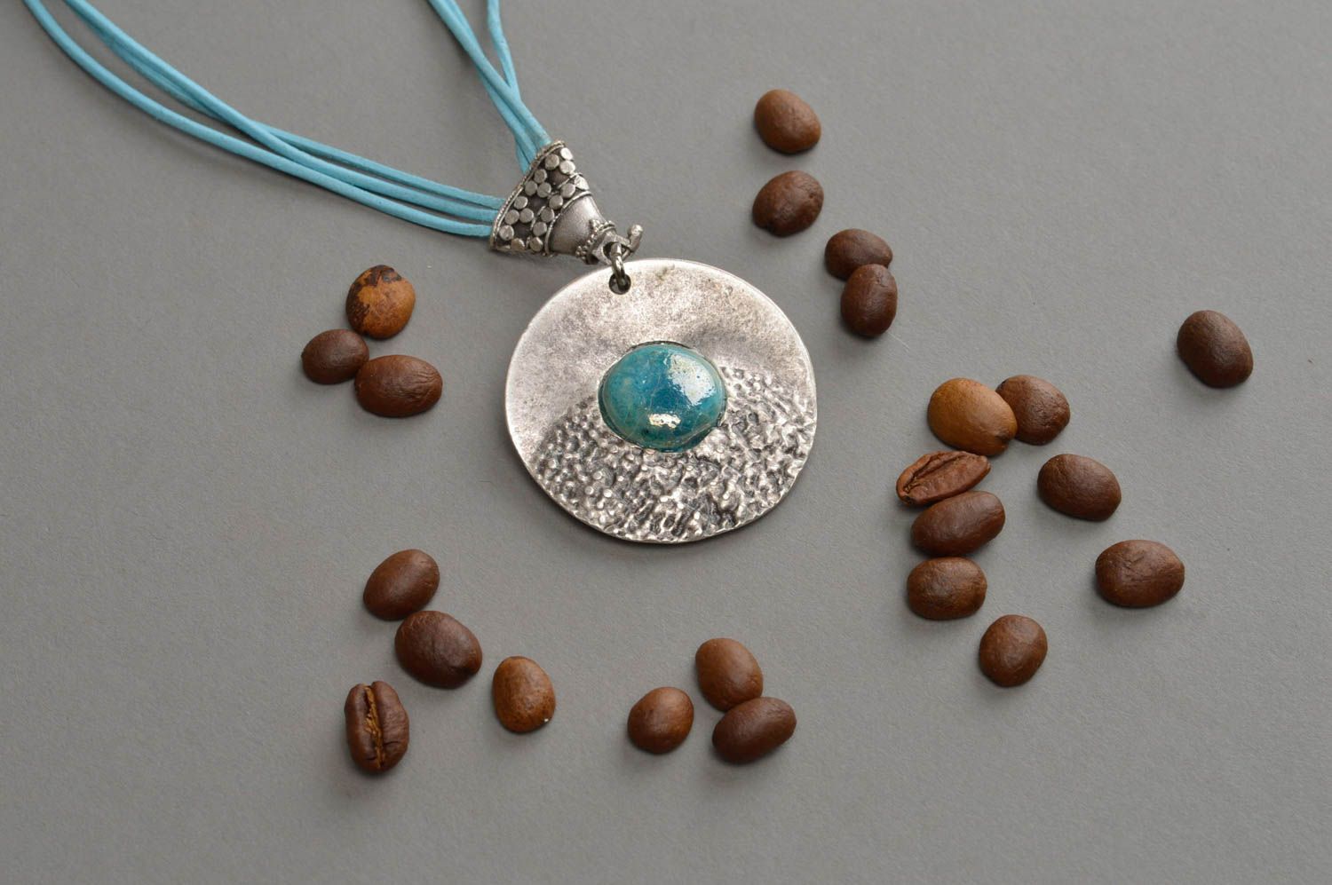 Handmade female round pendant stylish accessory made of clay unusual jewelry photo 1