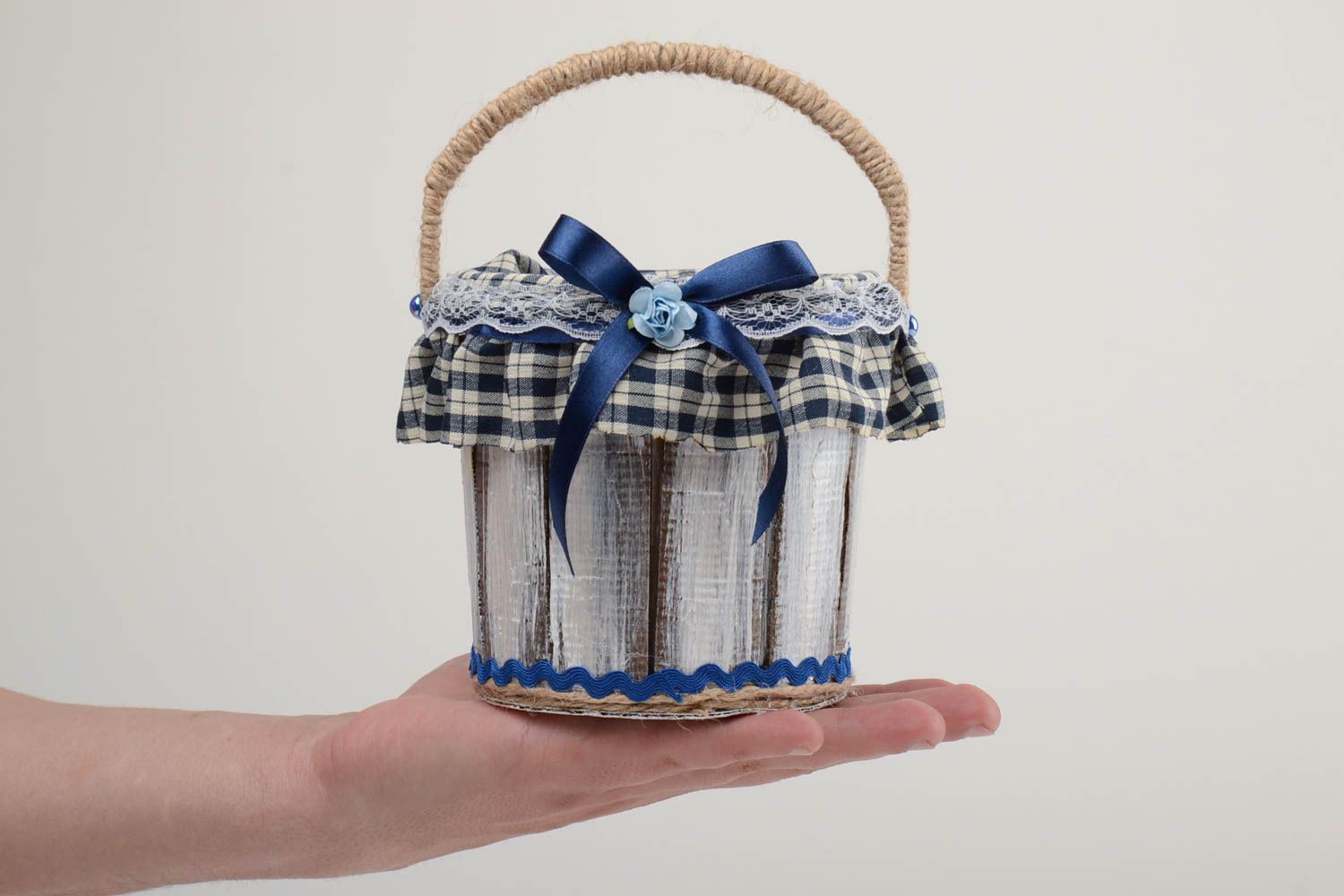 Handmade decorative carton bucket with blue checkered fabric with ribbon bow  photo 5