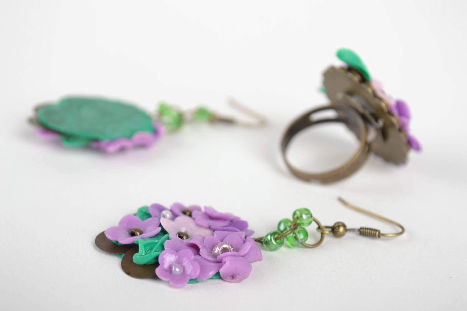 Handmade jewelry set flower jewelry fashion rings dangling earrings polymer clay photo 3