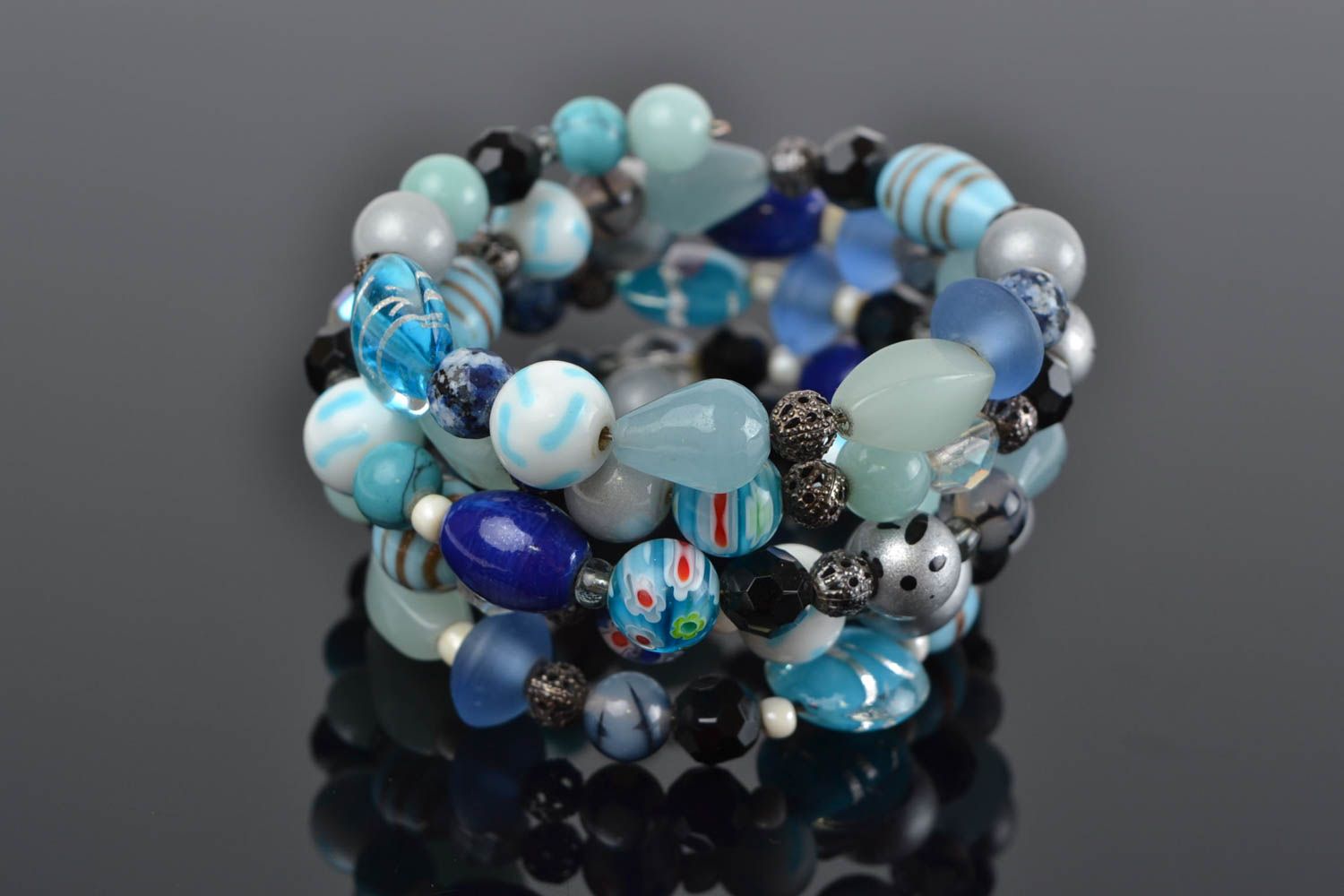 Designer multi row blue and black agate bead wrist bracelet for women  photo 1