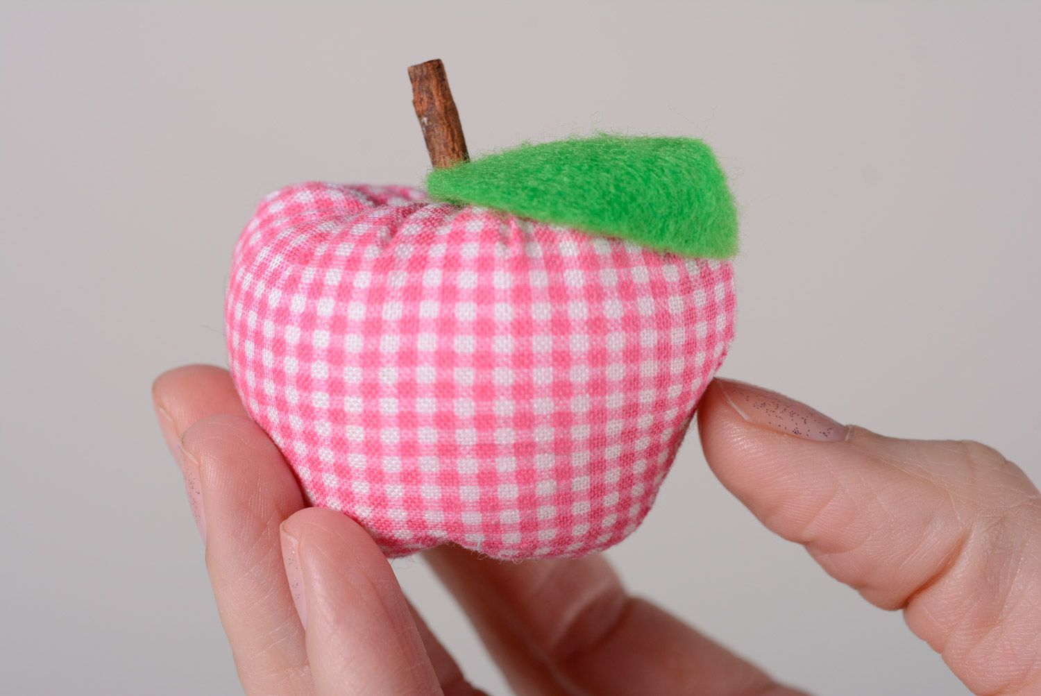 Handmade interior soft toy sewn of cotton in the shape of checkered apple photo 3