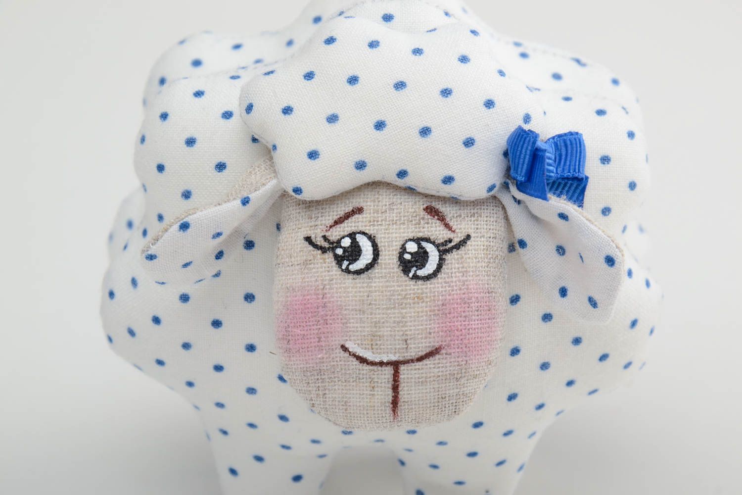 Handmade small white and blue polka dot linen and cotton fabric soft toy lamb photo 3