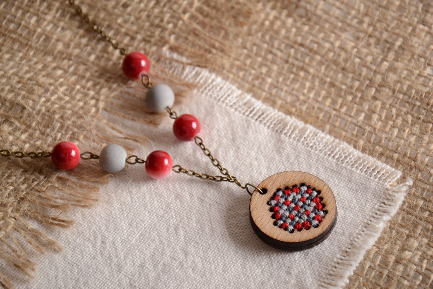 Handmade plywood designer's pendant with embroidery in ethnic style photo 1