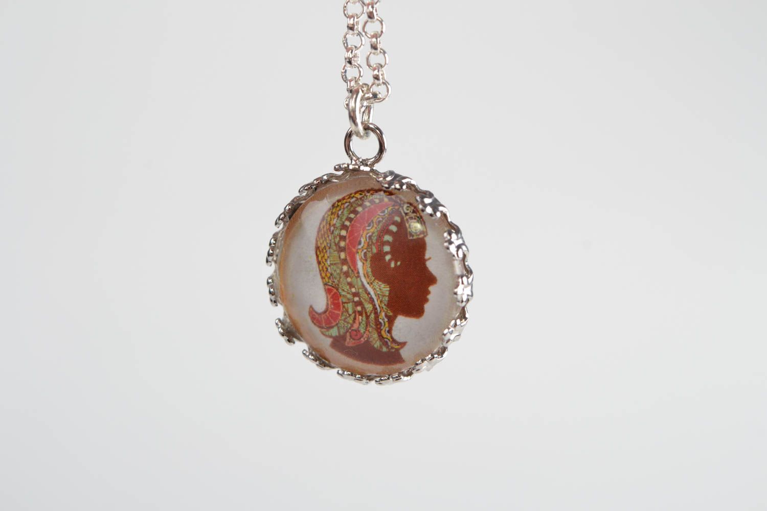 Handmade designer round glass pendant on metal chain with Virgo Zodiac sign photo 4