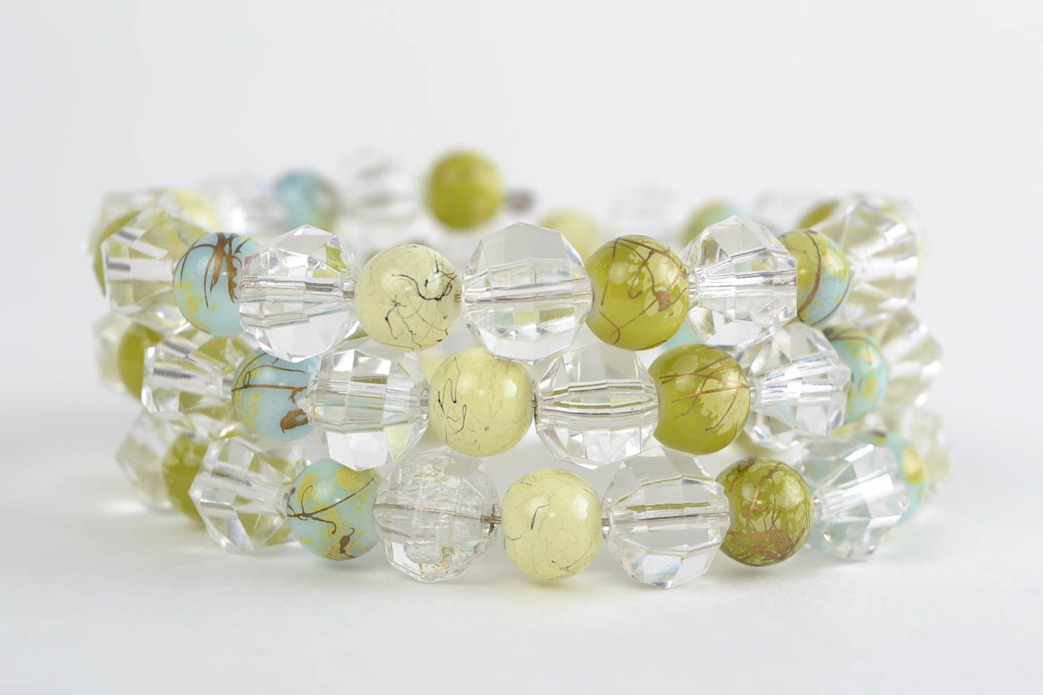 Gentle bracelet with a transparent acrylic beads in three rows handmade jewelry photo 1