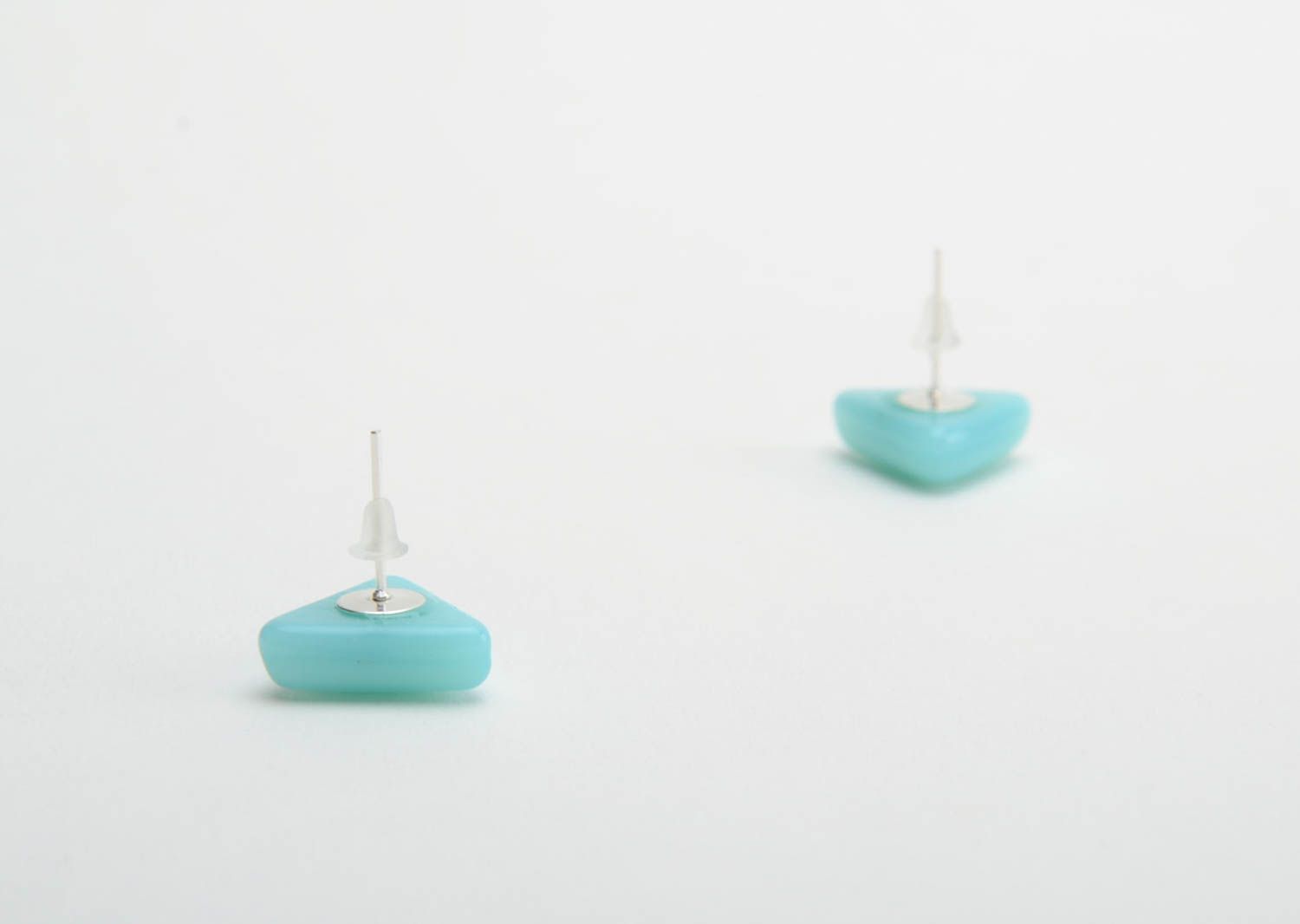 Turquoise color earrings small fusing glass triangular studs handmade accessory photo 4