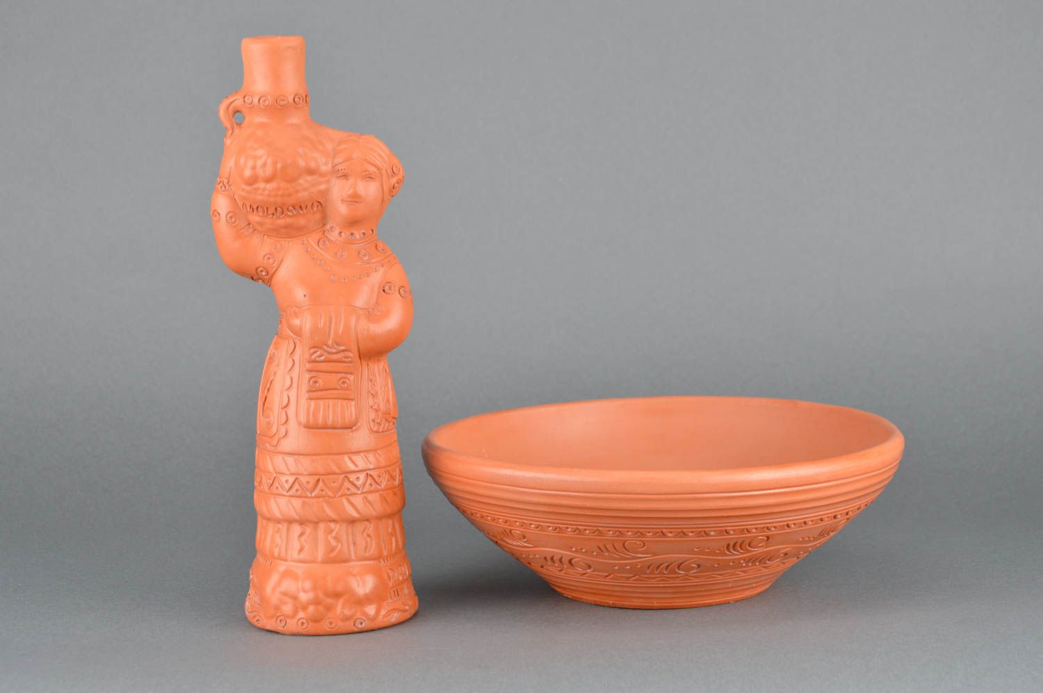 Set of handmade ethnic ceramic kitchenware fruit bowl 1.5 l and bottle 700 ml photo 1