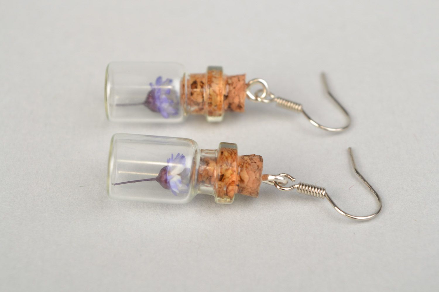 Cute handmade small glass bottle dangle earrings with dried flowers for women photo 5