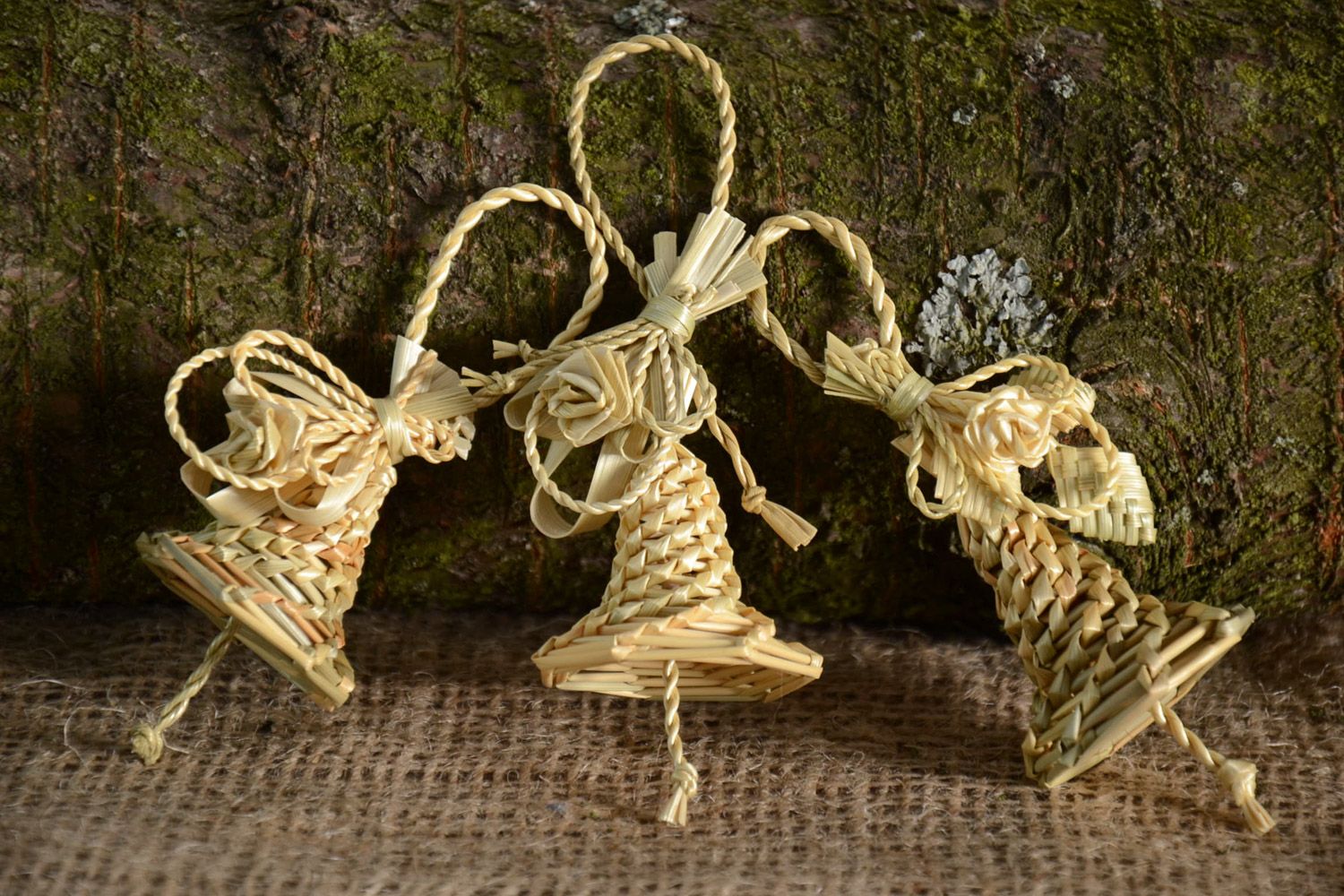 Handmade decorative wall hanging bells woven of natural straw set of 3 items photo 1