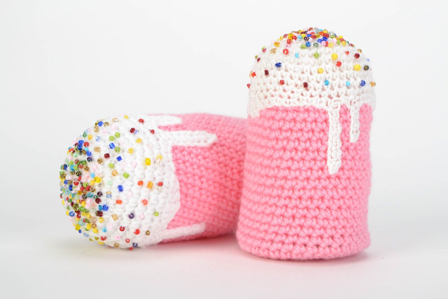 Set of 2 handmade soft crochet toys in the shape of pink and white Easter cakes photo 3