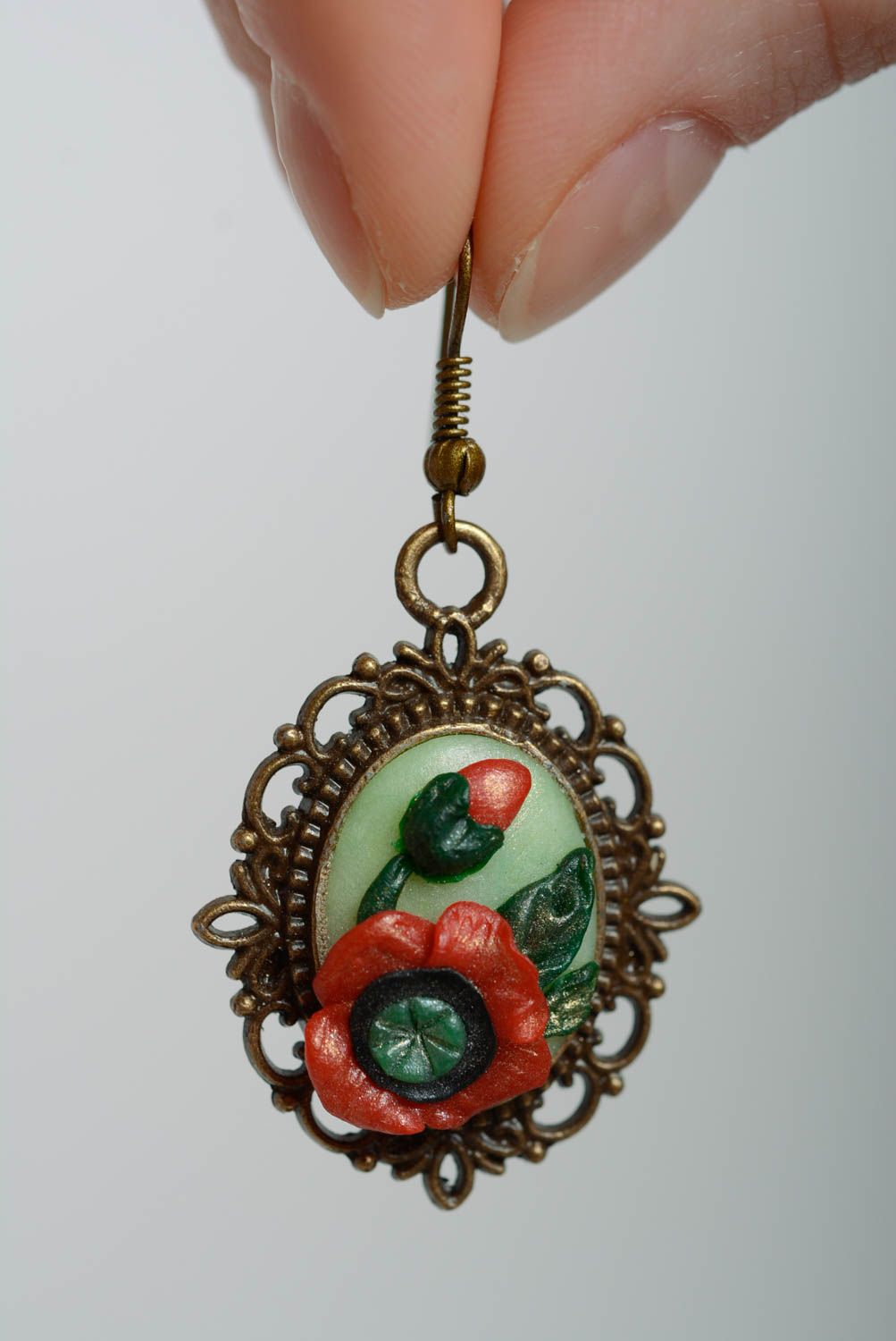 Handmade earrings with charms made of polymer clay in vintage style Poppies photo 5