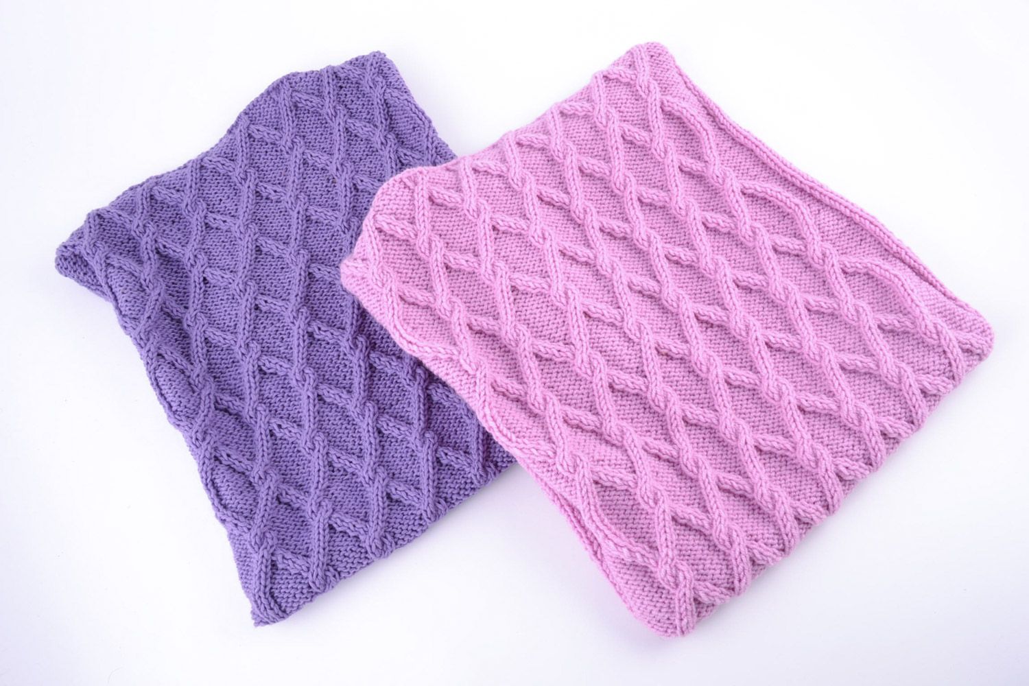 Set of handmade dark and light violet semi-woolen knitted pillow cases 2 items photo 3