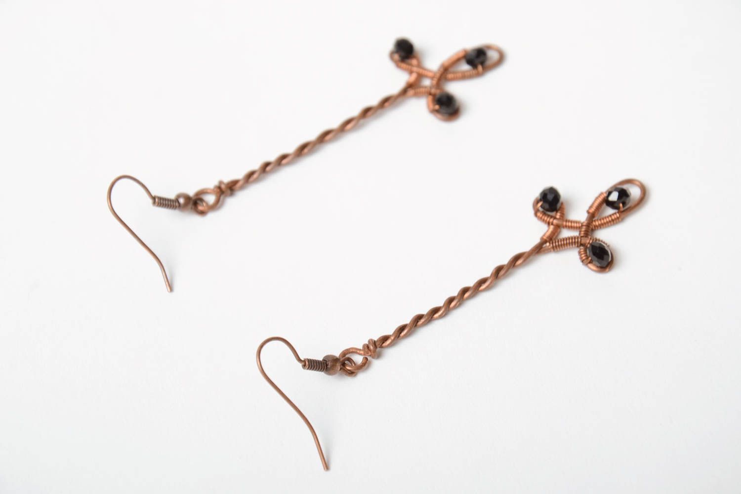 Handmade designer long copper wire wrap earrings with tiny beads of black agate photo 4