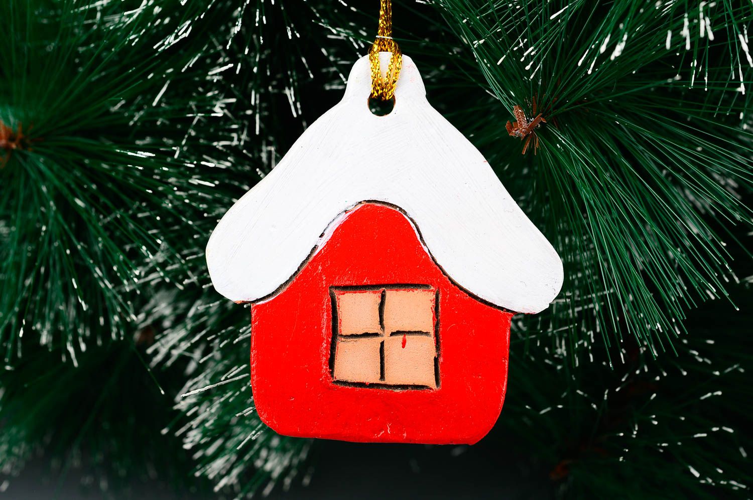 Handmade Christmas tree toy home decor ideas red house clay toy New Years gift  photo 1
