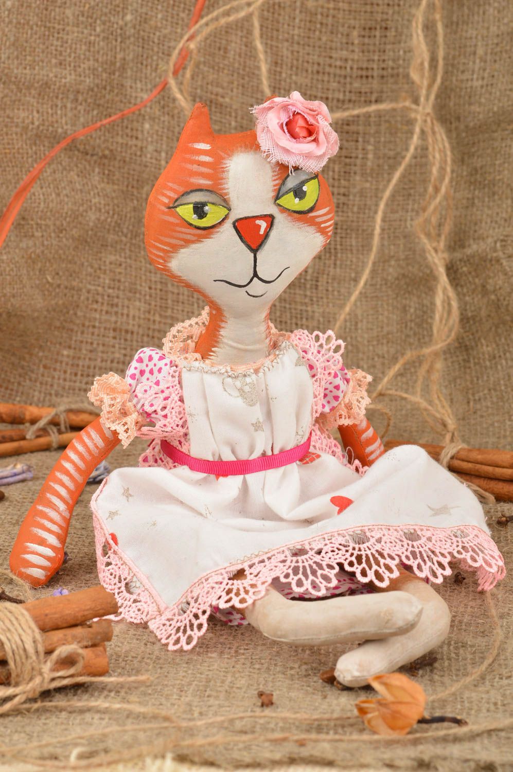 Handmade interior cotton fabric soft toy with vanilla aroma cat girl in dress photo 1