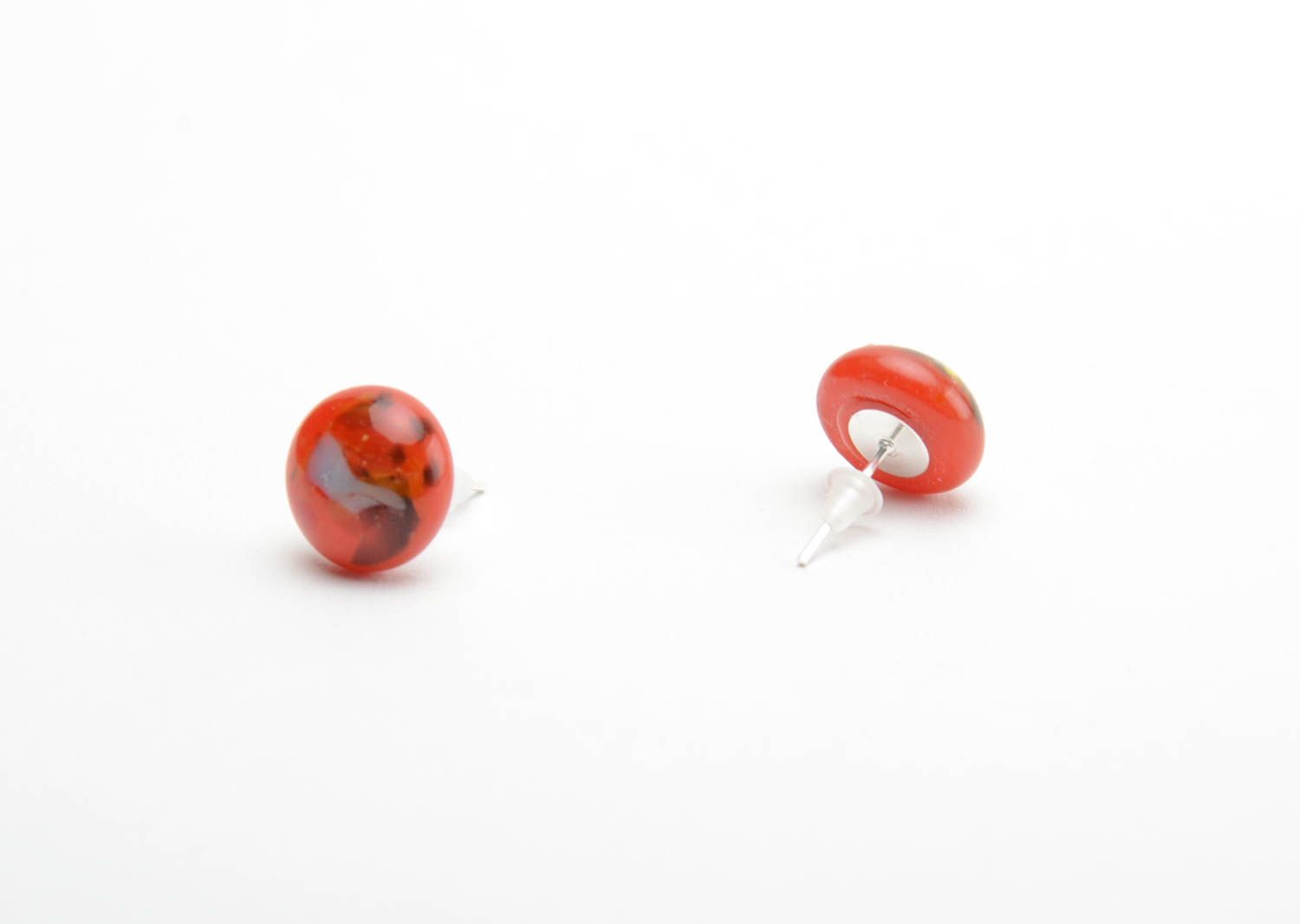 Red stud earrings glass fusing technique handmade round-shaped summer jewelry photo 3