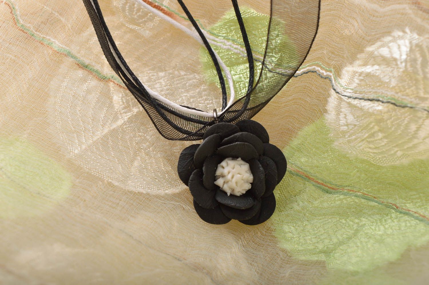 Handmade pendant with flower made of cold porcelain black accessory photo 1