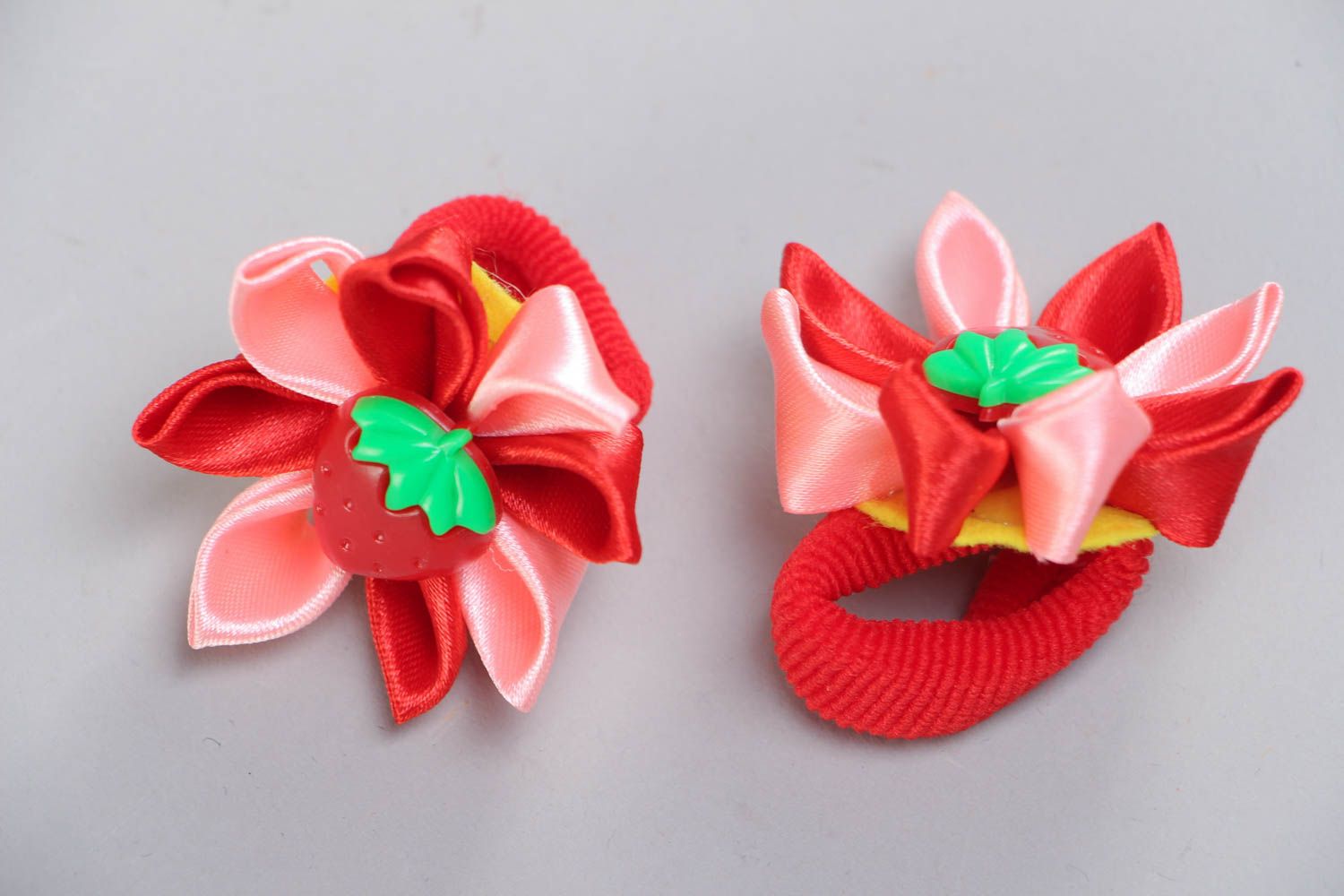 Handmade festive hair ties with red satin ribbon kanzashi flowers set of 2 items photo 3