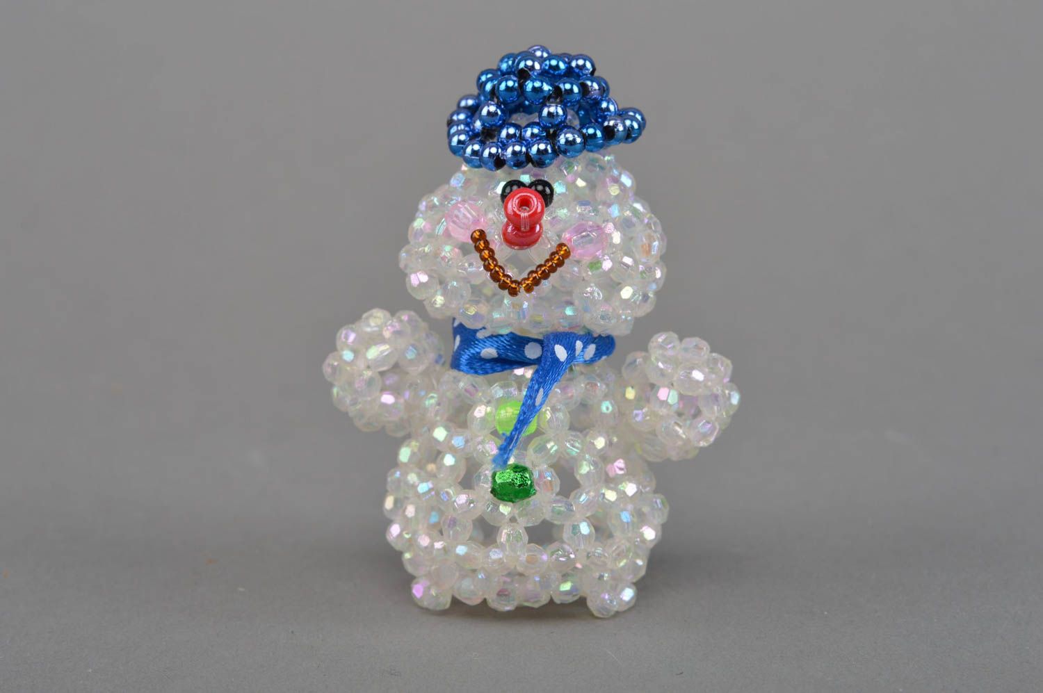 Handmade beautiful souvenir figurine woven of beads Snowman djay for home decor photo 4