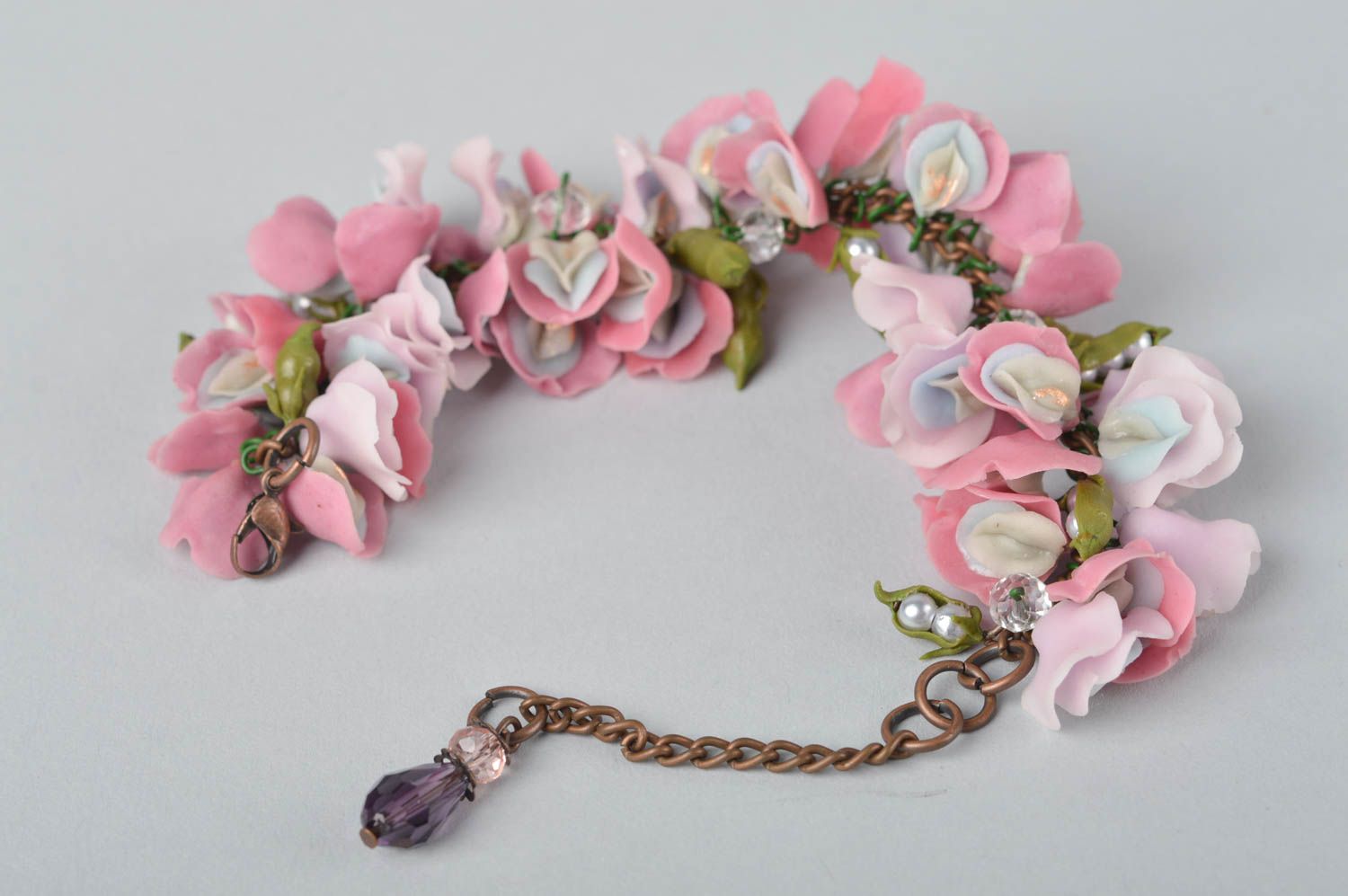 Bracelet fleurs roses Bijou fait main en pâte polymère Cadeau pour femme photo 5