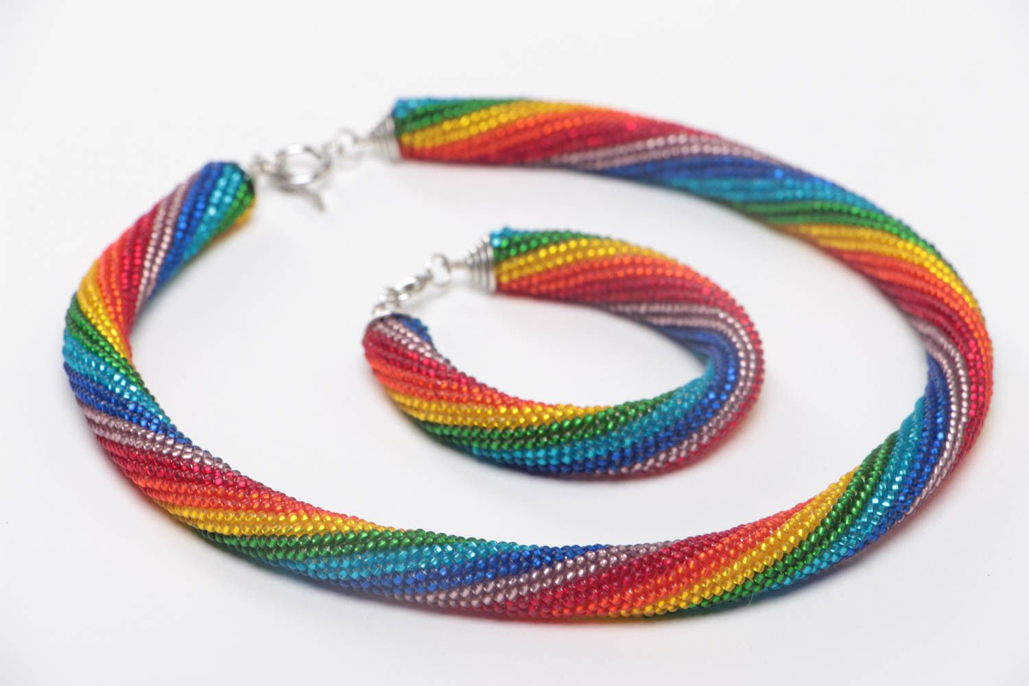 Handmade beaded cord jewelry set of rainbow coloring necklace and wrist bracelet photo 3