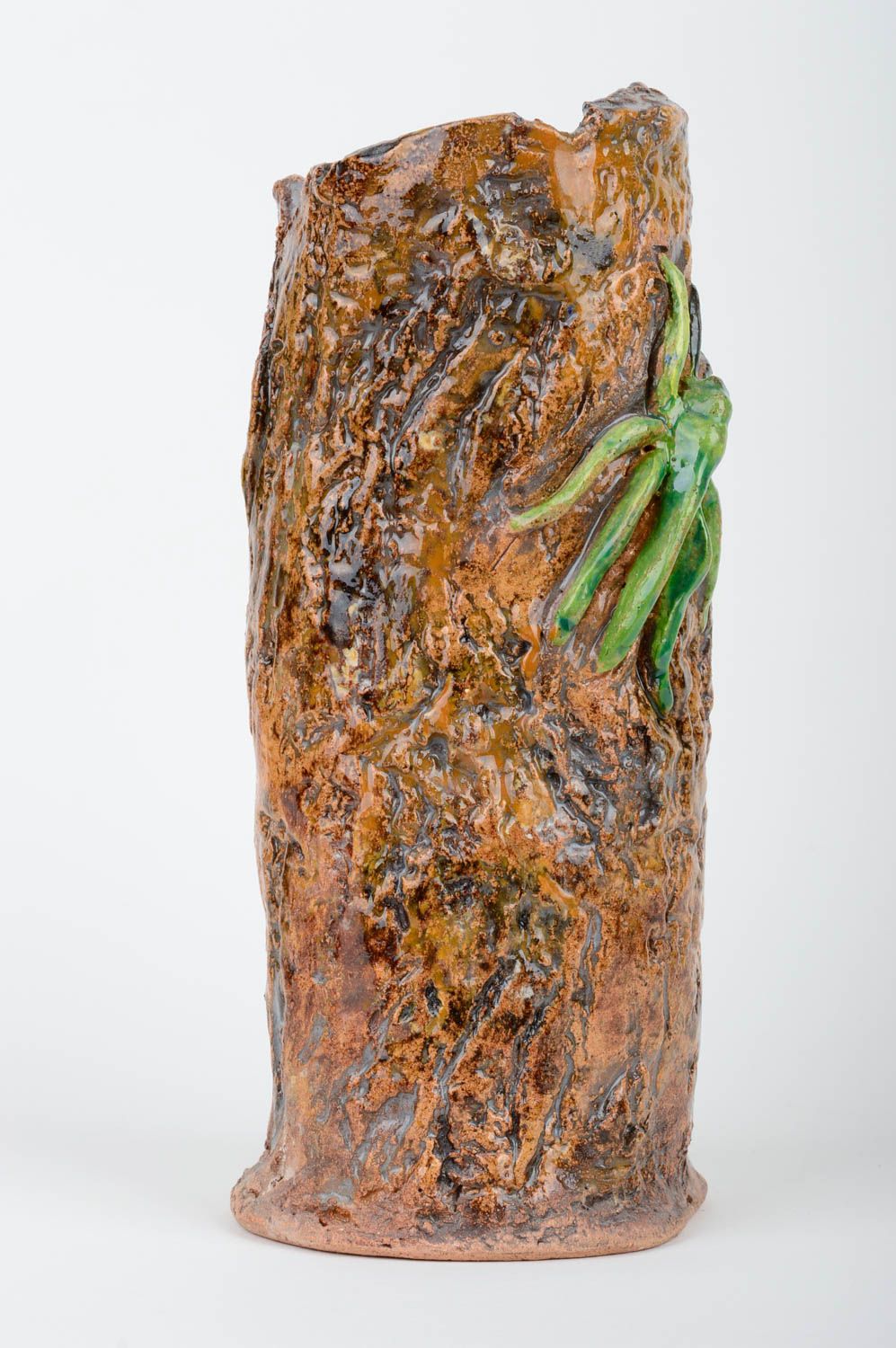 Handmade 8 inches brown clay décor vase with a green spider for home décor 1,4 lb photo 2