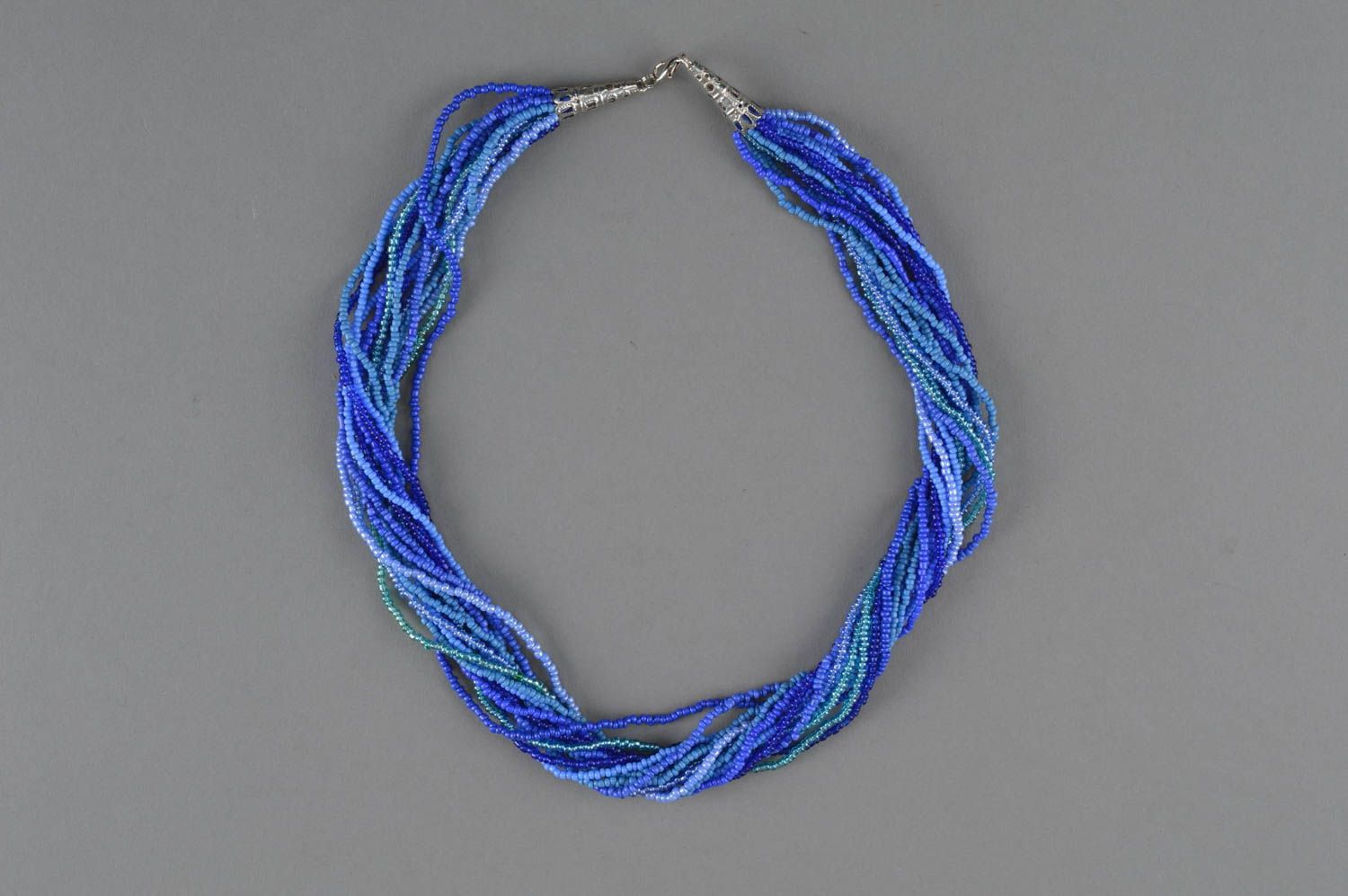Collier en perles de rocaille bleu multirang original fait main Vagues photo 2