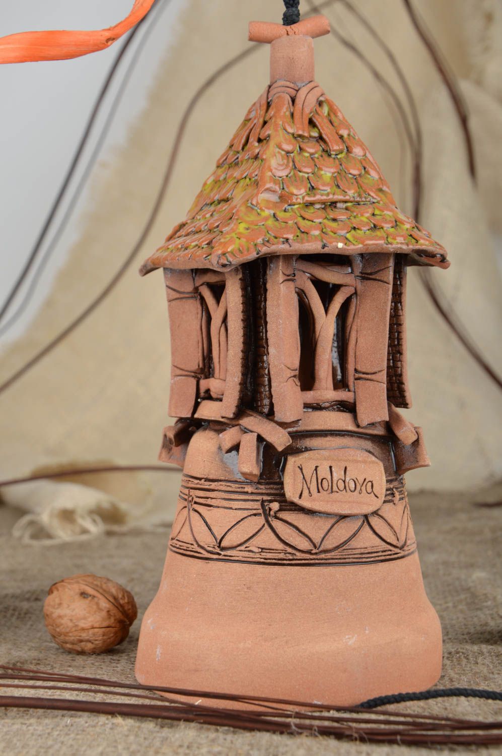 Глиняный колокольчик ручной работы с росписью глазурью большой авторский фото 1