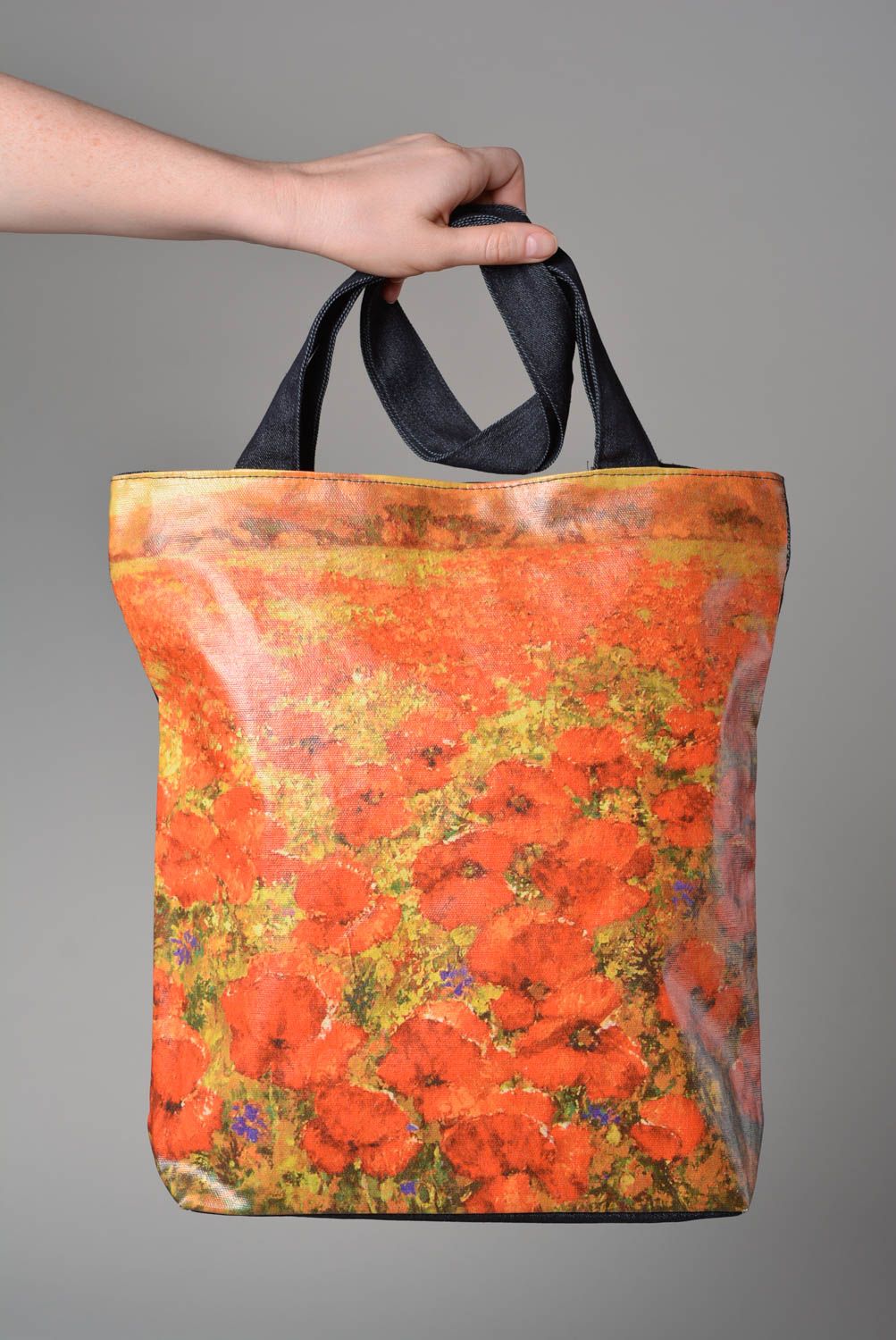 Сумка ручной работы красива женская сумка с принтом маки тканевая сумка фото 4