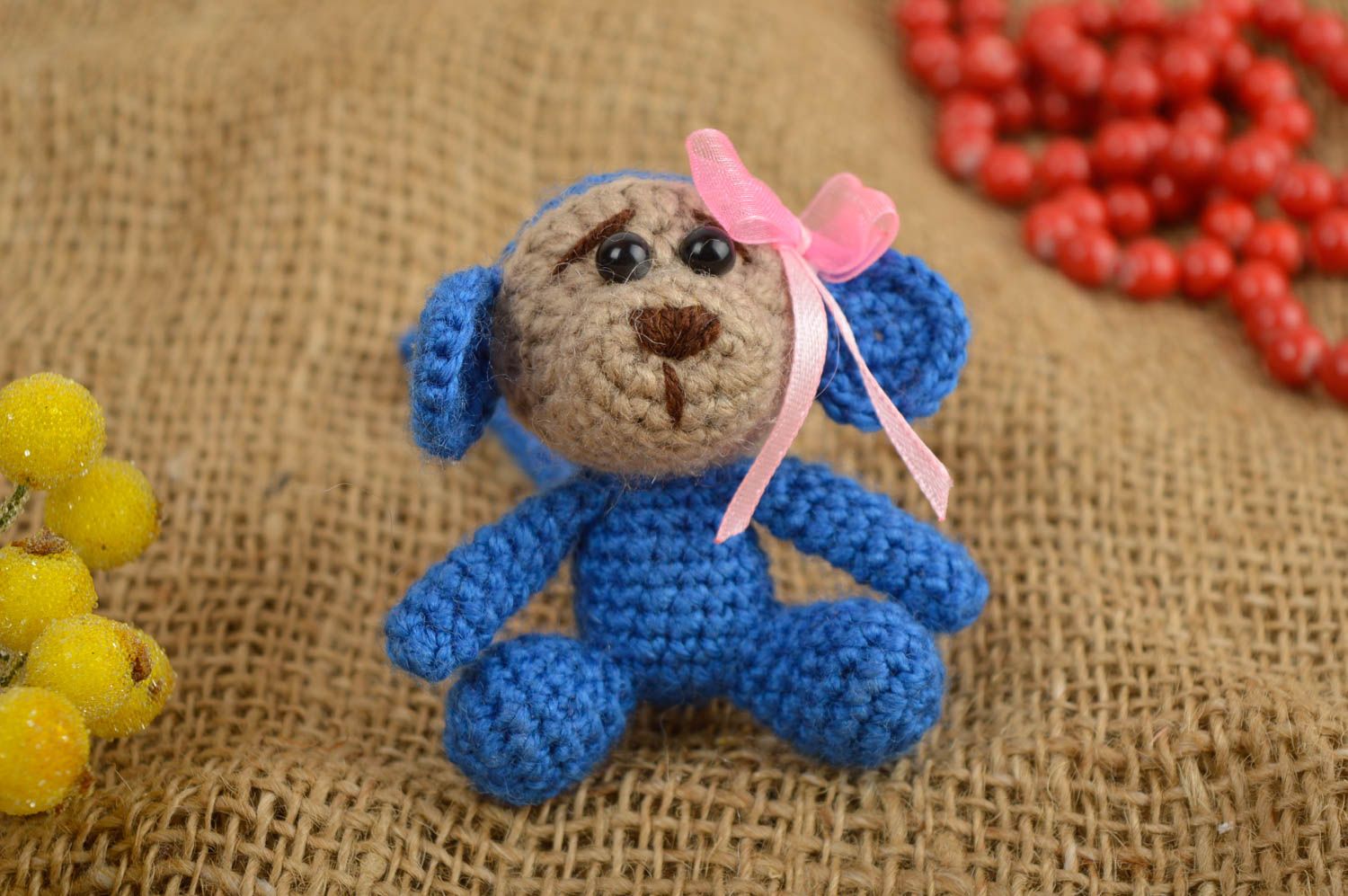 Knitted stuffed blue little monkey girl. 3,5 inches tall photo 1