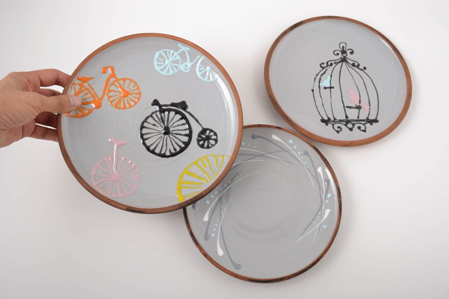 Керамические тарелки ручной работы глиняная посуда расписные тарелки 3 штуки фото 5