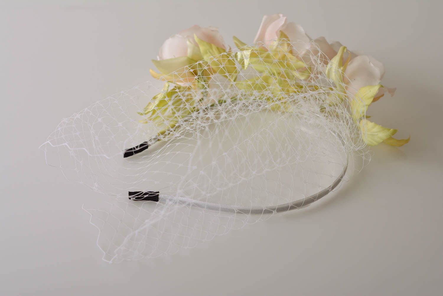 Fancy silk hair band with veil handmade volume beautiful summer hair accessory photo 5