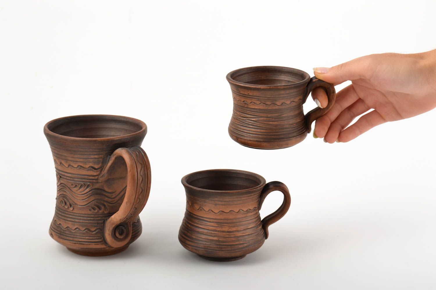 Juego de 3 tazas de barro hechas a mano accesorios de cocina vajillas modernas foto 2