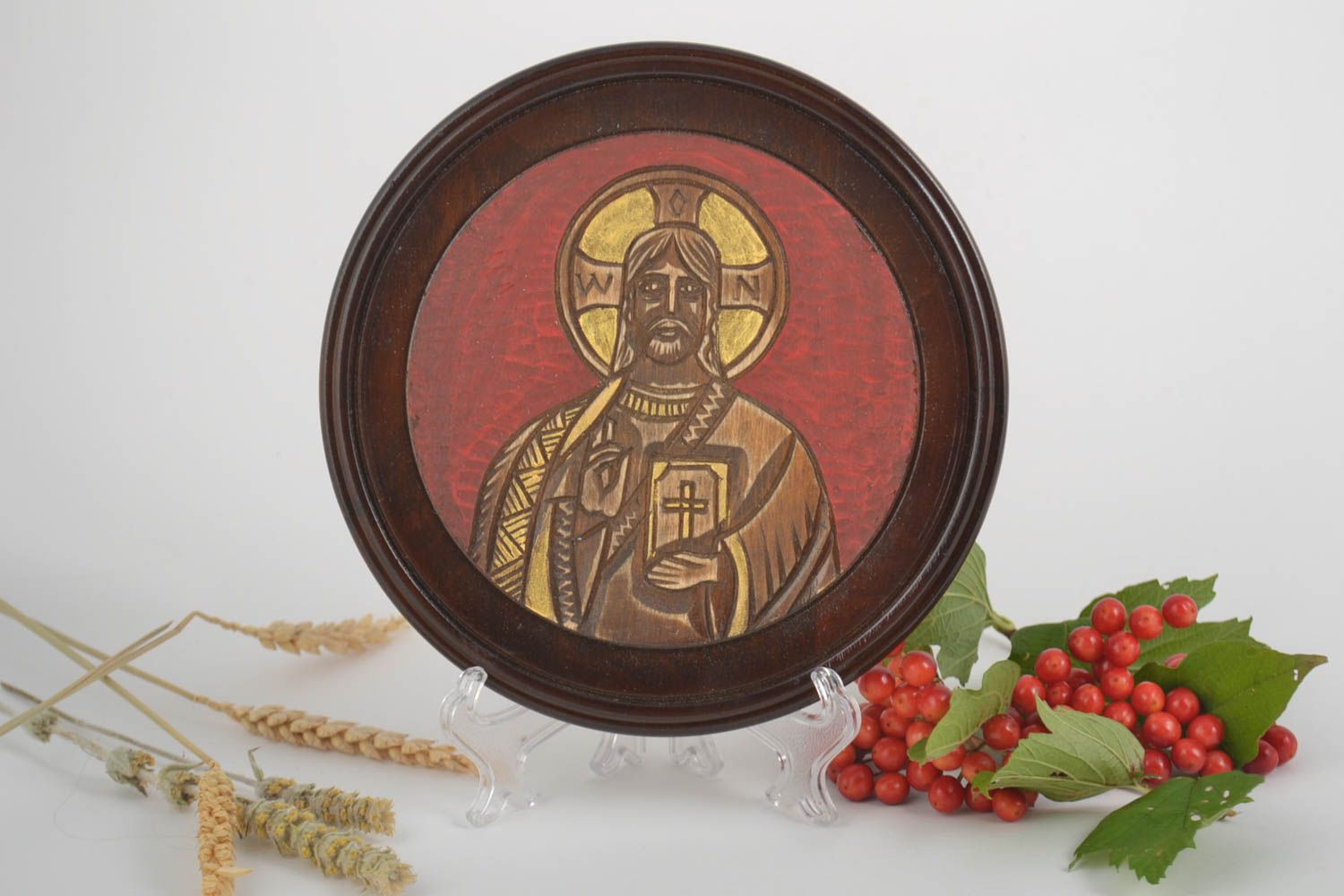 Assiette décorative fait main Décoration murale bois Vaisselle déco Jésus Christ photo 1
