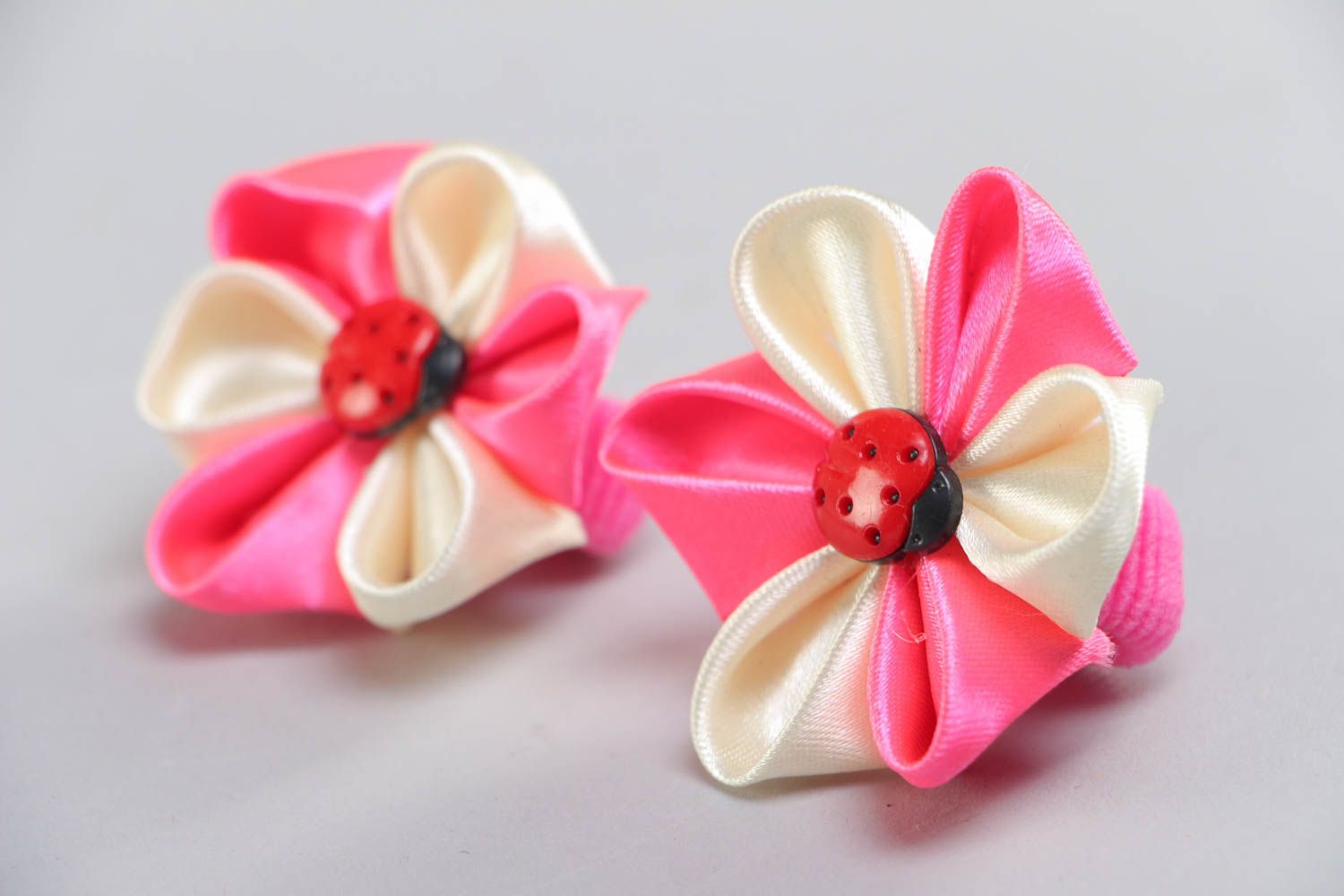Handmade decorative hair ties with pink kanzashi flowers for kids set of 2 items photo 2