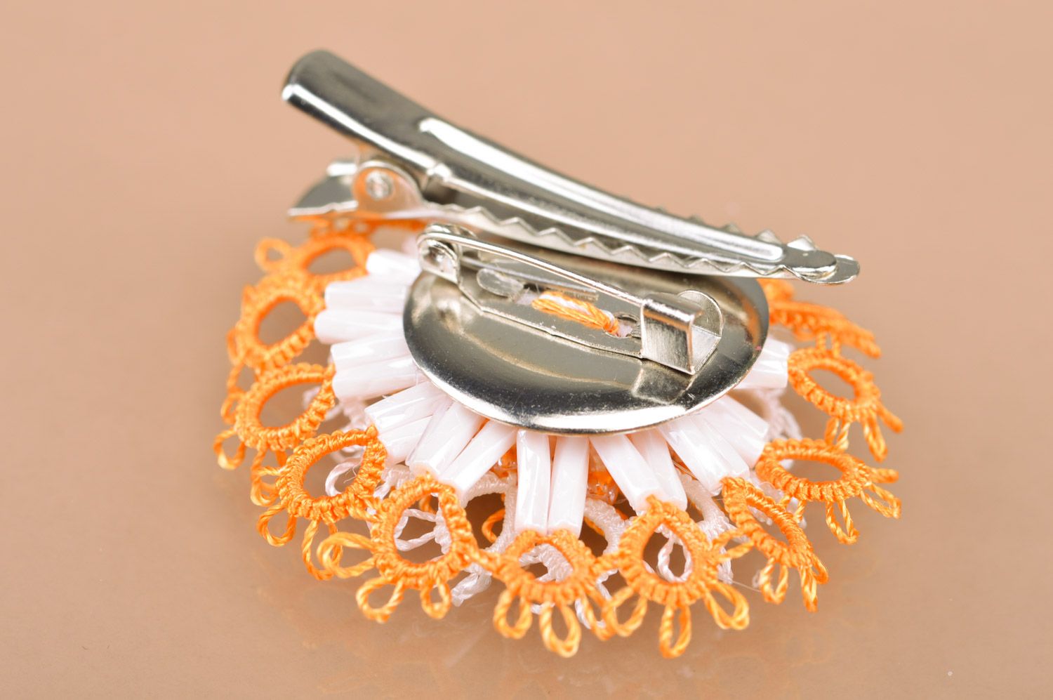 Orange and white handmade woven thread brooch hair clip with double fastening photo 3