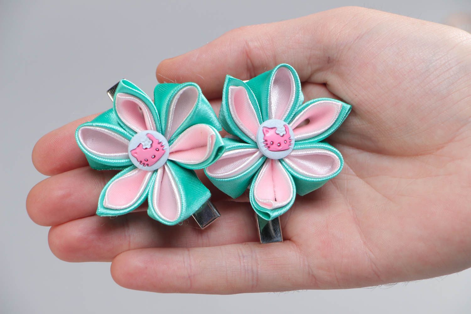 Handmade kanzashi satin ribbon flower hair clips set 2 pieces photo 5