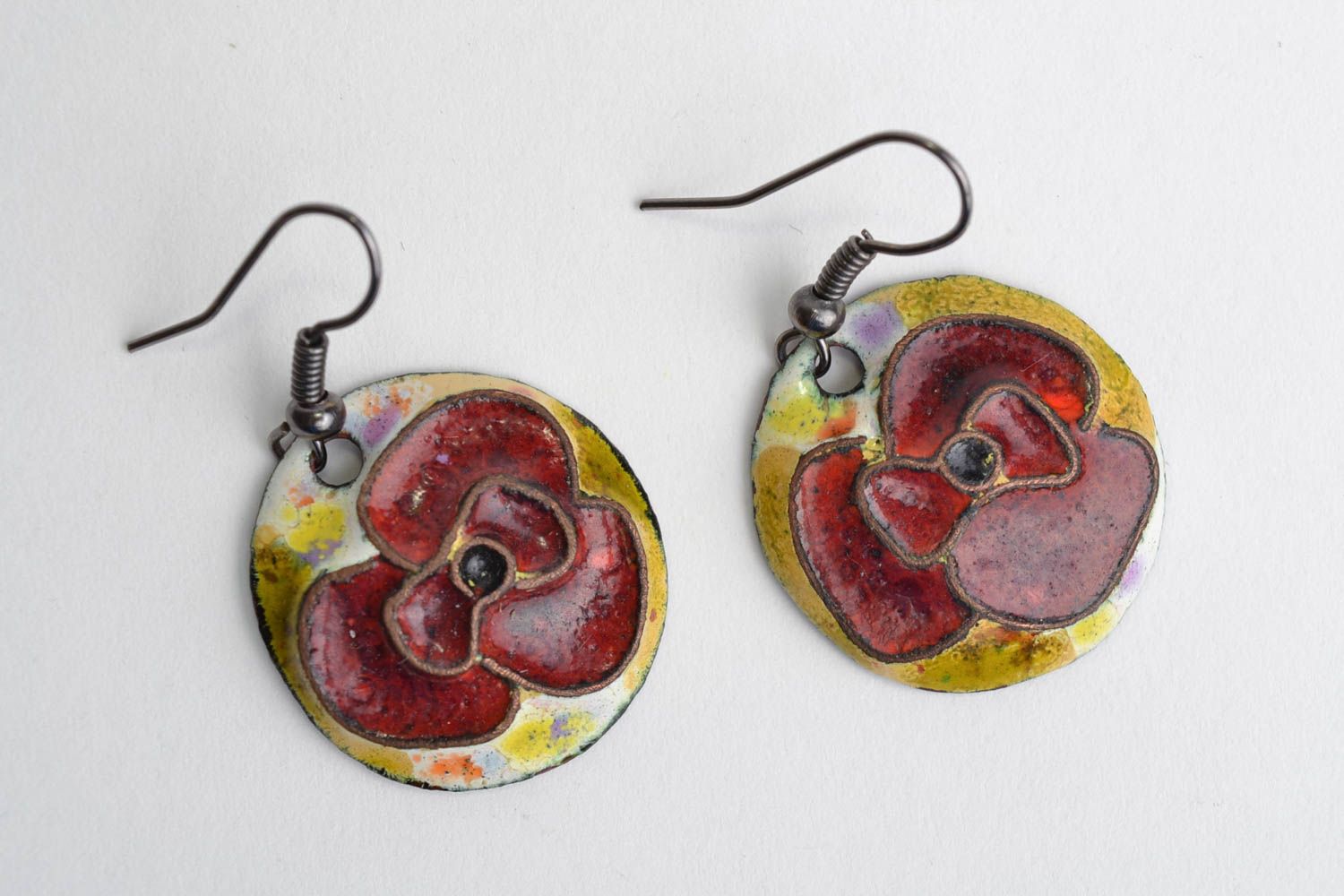Handmade round copper earrings painted with colorful enamels red poppy flowers photo 1