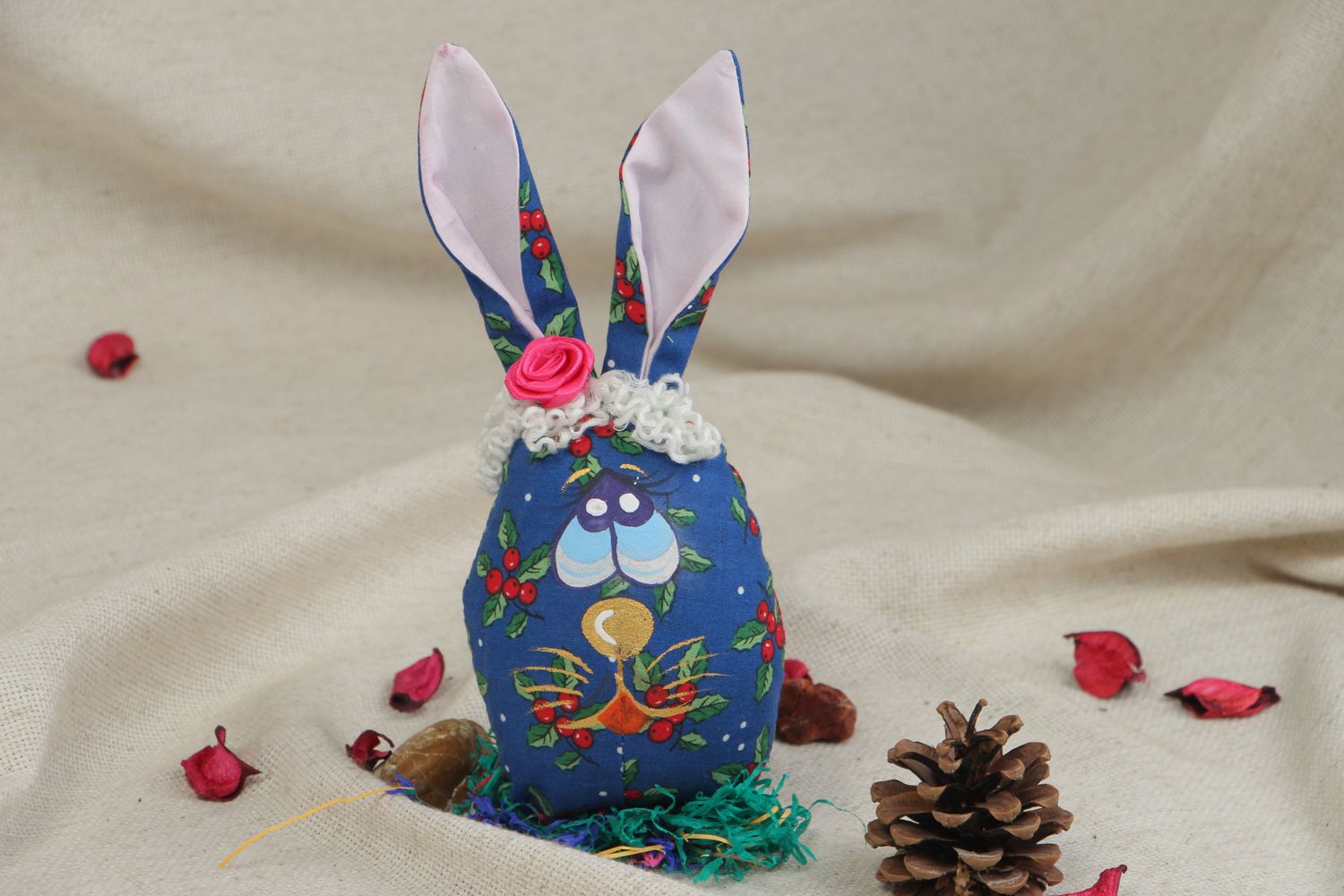 Small handmade soft interior toy sewn of fabric Easter Rabbit of blue color photo 5