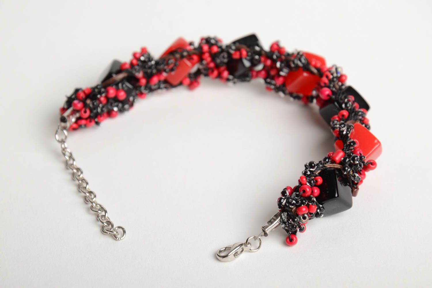 Handmade red and black bead woven wrist bracelet with chain and square beads photo 4