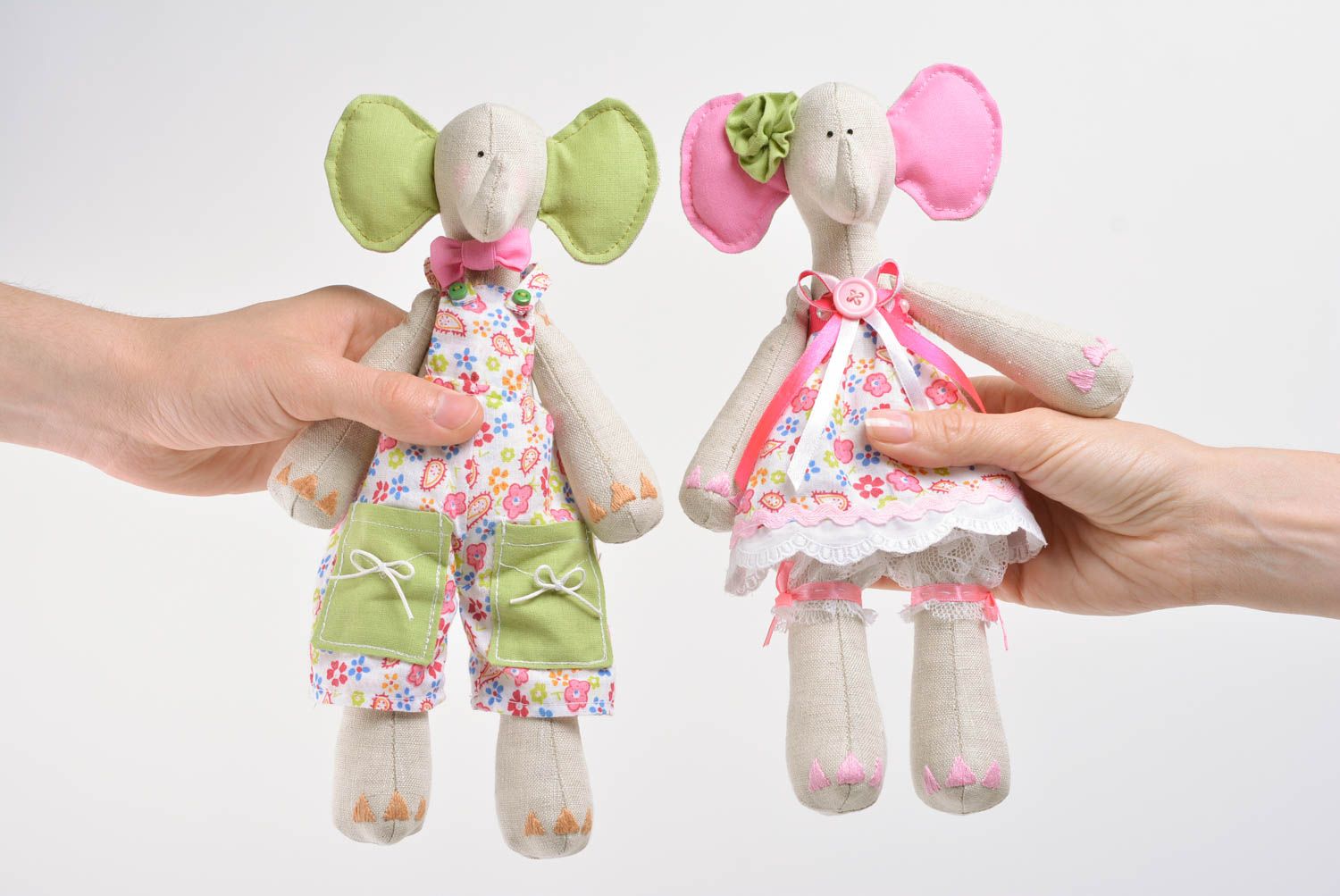 Handmade children's cotton and linen fabric soft toys set 2 pieces Elephants photo 5