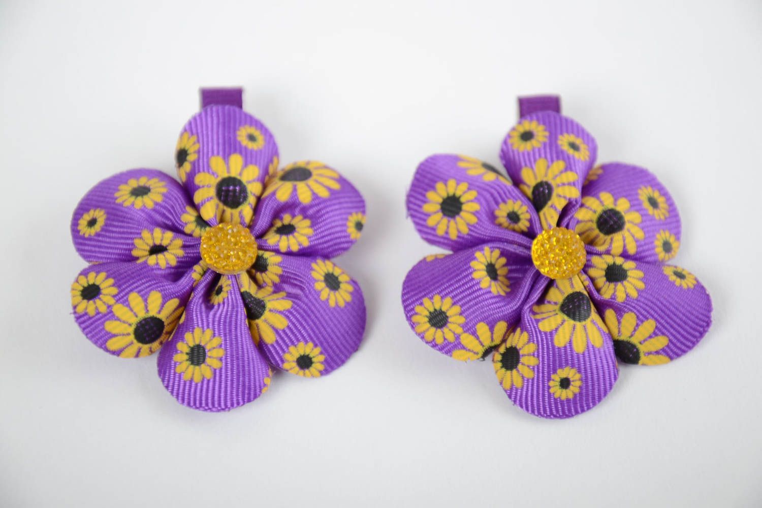 Barrettes à cheveux en rubans de reps violettes faites main 2 pièces avec fleurs photo 2