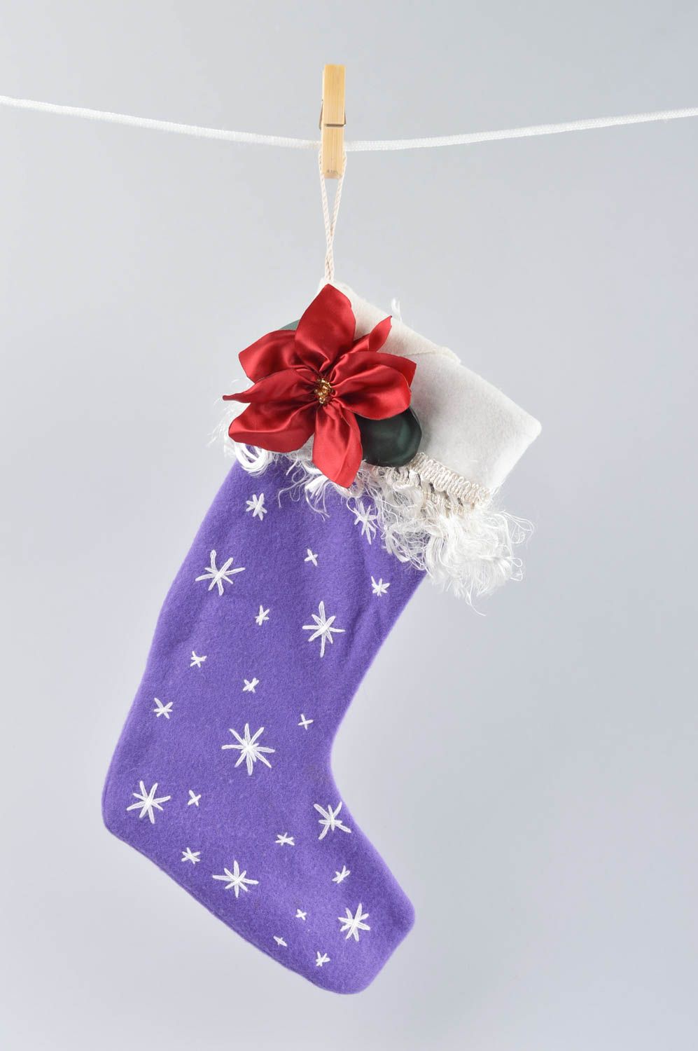 Chaussette Noël faite main Déco Noël fleur tissu ruban Déco à suspendre photo 1