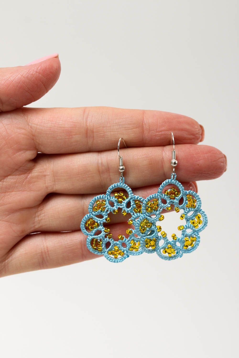 Blue handmade tatting earrings woven textile earrings accessories for girls photo 5