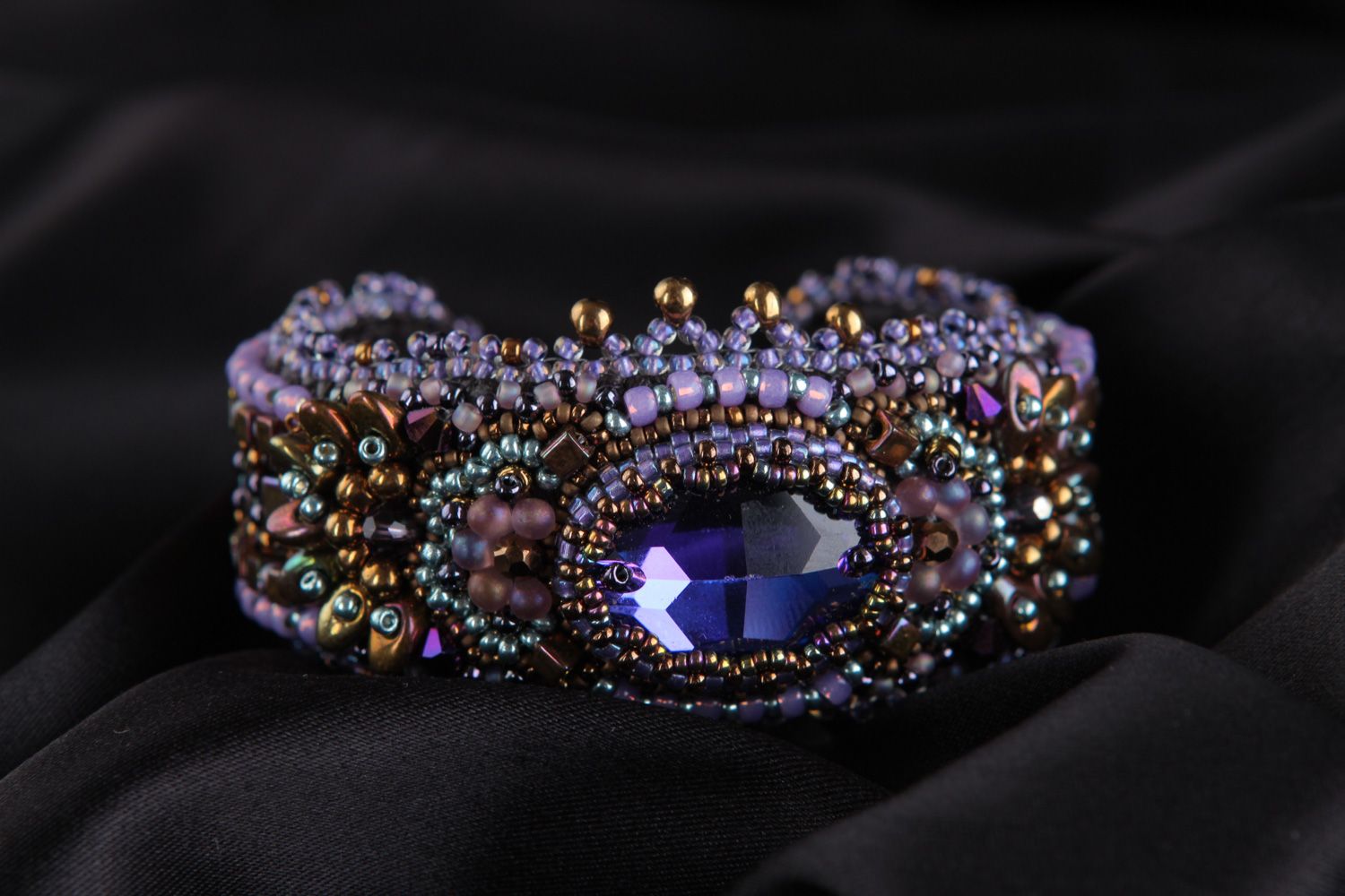 Handmade massive violet wrist bracelet embroidered with sparkling beads photo 5