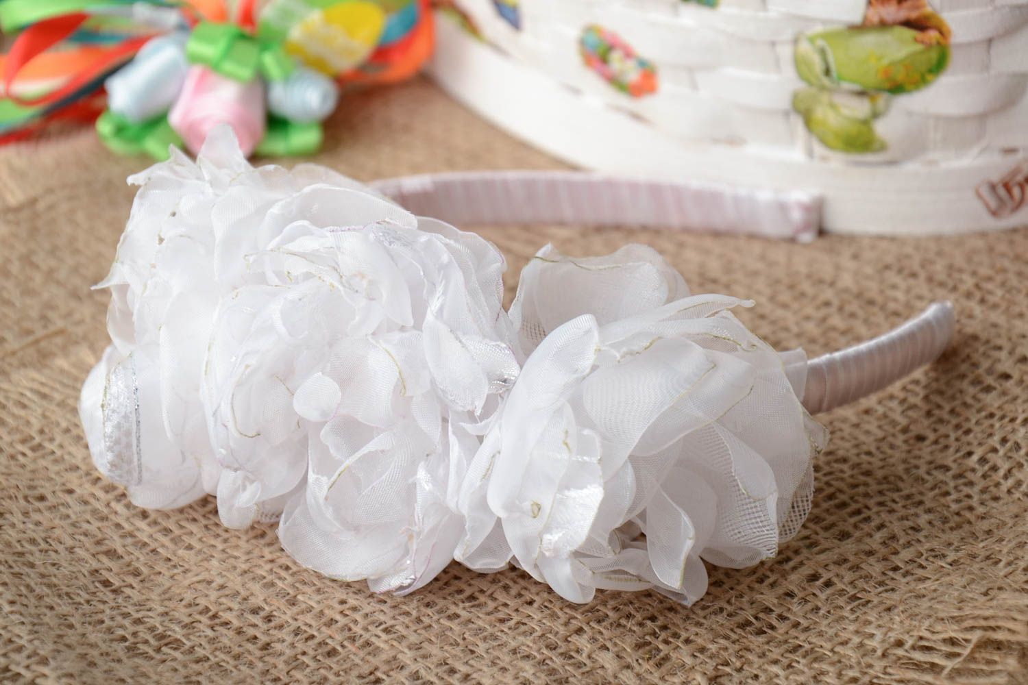 Tender white handmade festive headband with volume chiffon flowers and beads photo 1