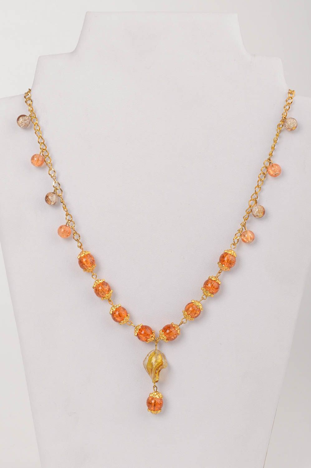 Handmade designer necklace with Venetian glass on metal chain in amber color photo 1