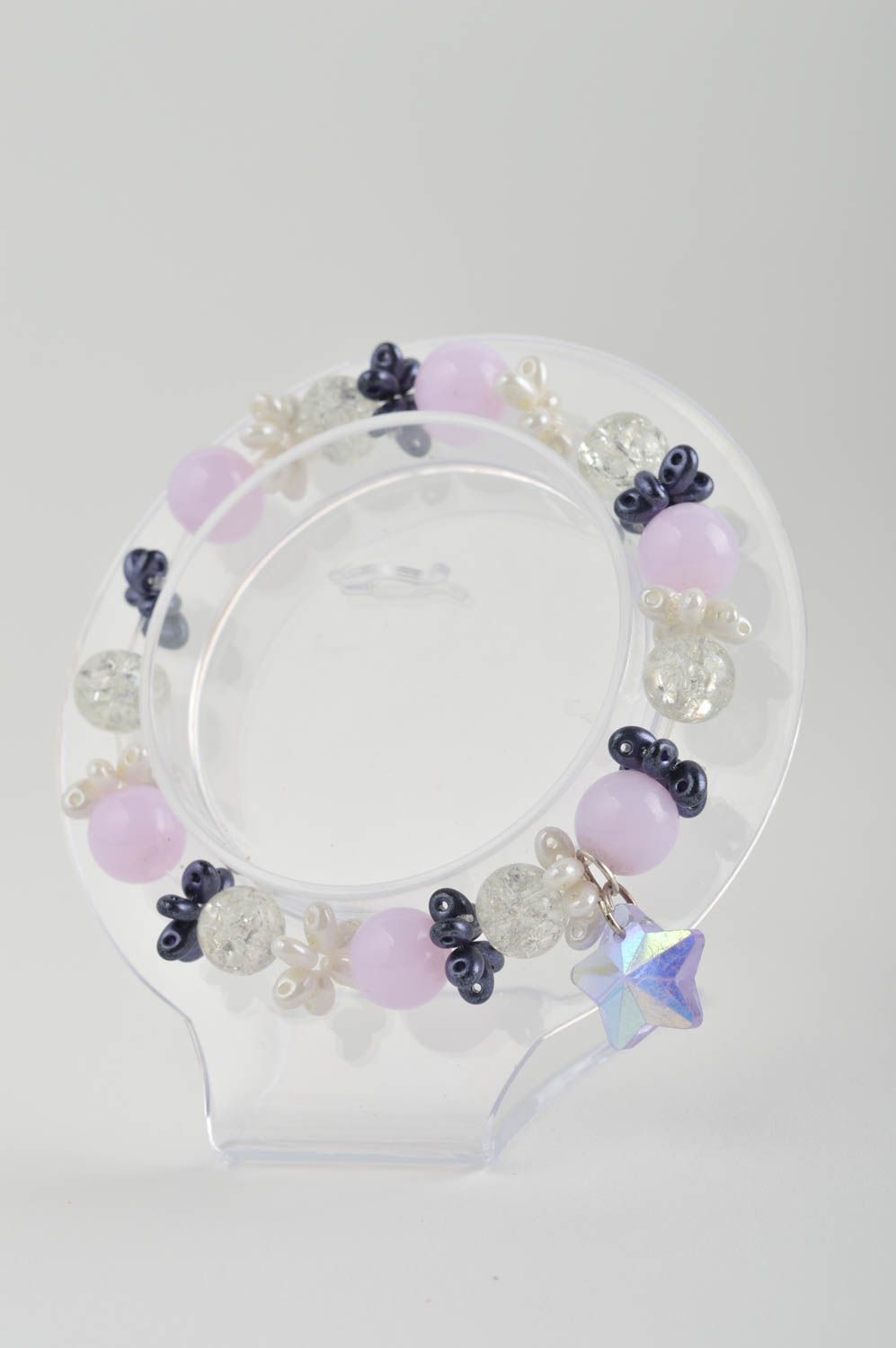Handmade light pink and transparent beads bracelet for kids  photo 3