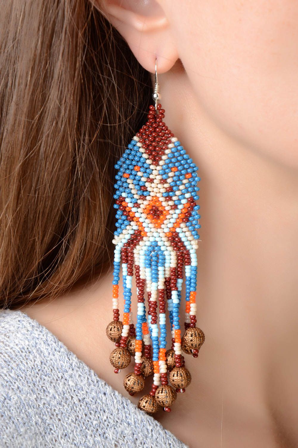 Large handmade designer long earrings with beaded fringe and ornament in ethnic style photo 1