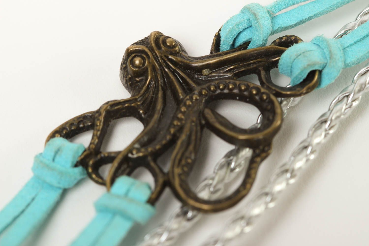 Bracelet bleu Bijou fait main cuir daim avec pieuvre en métal Cadeau pour femme photo 2